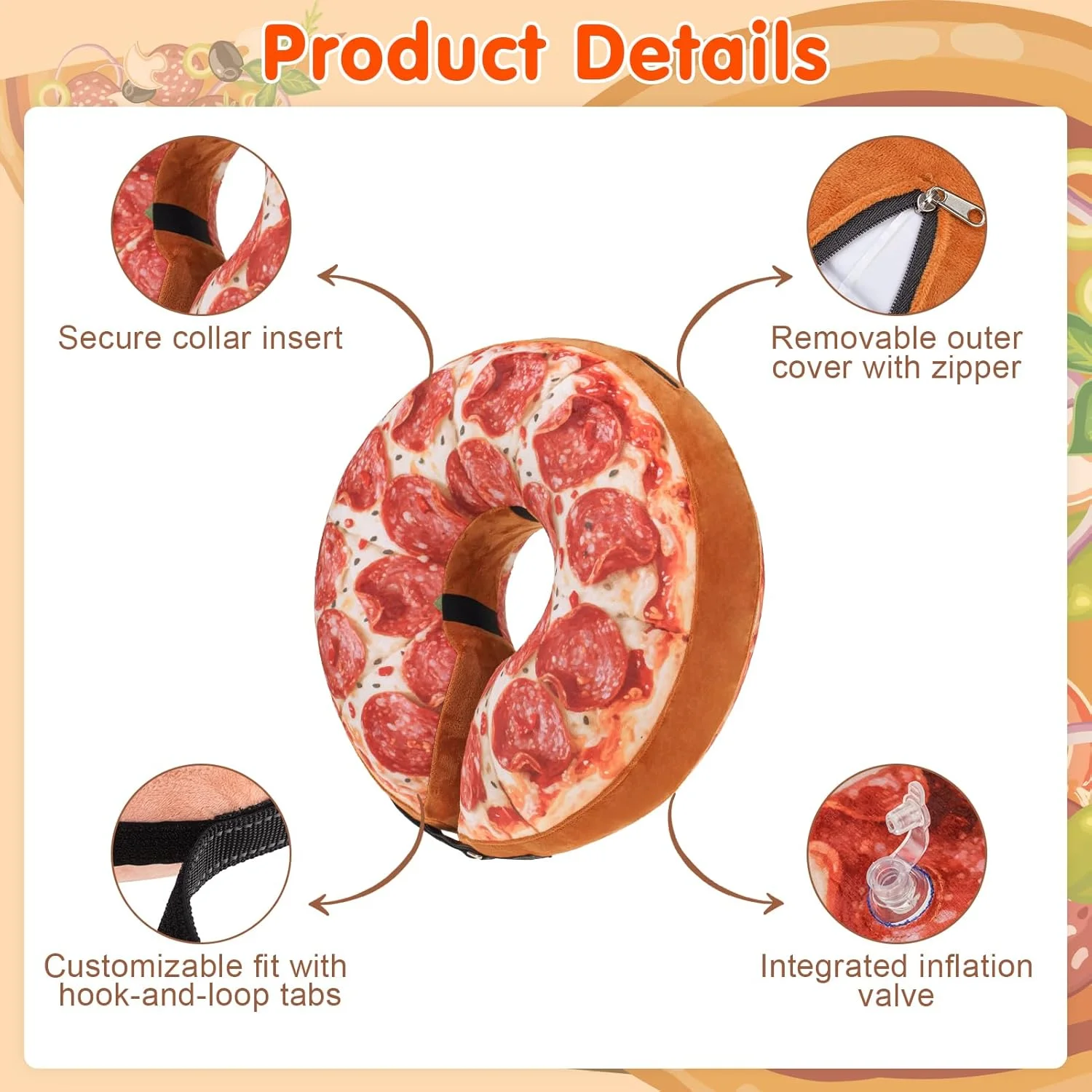 طوق گردنی بادی سگ BEAUTYZOO، جایگزینی برای طوق های پلاستیکی بعد از جراحی، مناسب برای سگ های بزرگ، متوسط و کوچک، طوق بادی نرم برای سگ ها و گربه ها، طوق گردنی حیوانات خانگی برای جلوگیری از لیسیدن، طرح پیتزا، سایز XL