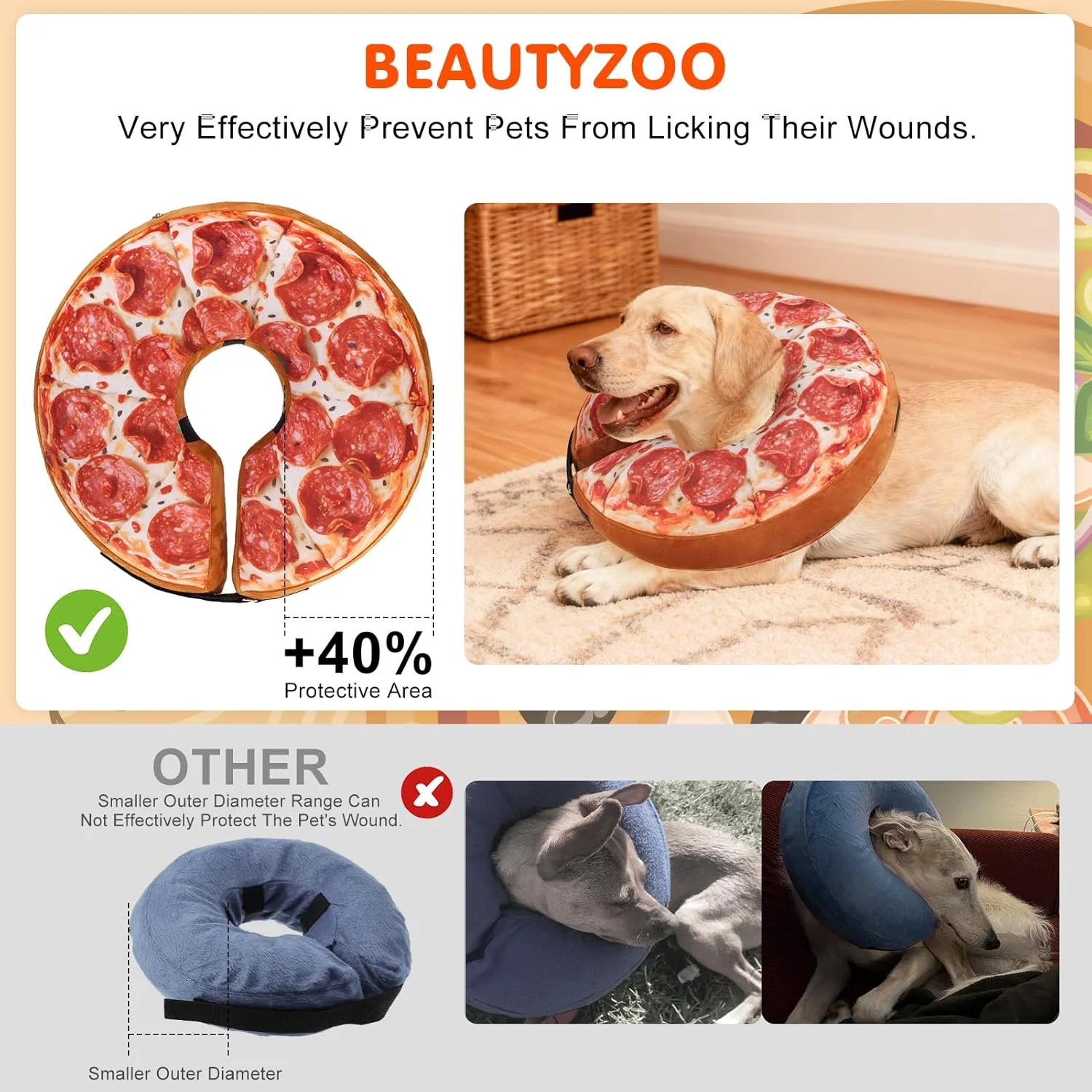 طوق گردنی بادی سگ BEAUTYZOO، جایگزینی برای طوق های پلاستیکی بعد از جراحی، مناسب برای سگ های بزرگ، متوسط و کوچک، طوق بادی نرم برای سگ ها و گربه ها، طوق گردنی حیوانات خانگی برای جلوگیری از لیسیدن، طرح پیتزا، سایز XL