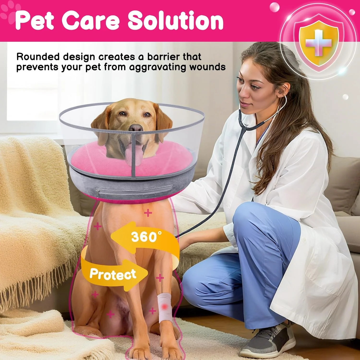 طوق سگ بادی محافظ زخم، طوق الیزابت سگ 2 در 1 برای بعد از جراحی برای جلوگیری از لیسیدن زخم، طوق بادی محافظ ثبت شده با سپر بلندتر (صورتی چرک، XXL)