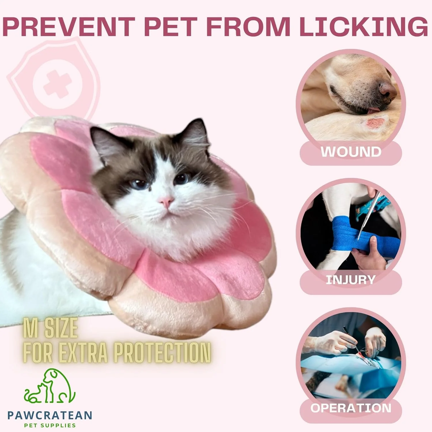 طوق الیزابت طرح گل راحت و قابل تنظیم برای گربه ها و توله سگ ها، طوق محافظ گردن حیوانات خانگی (صورتی، کوچک)