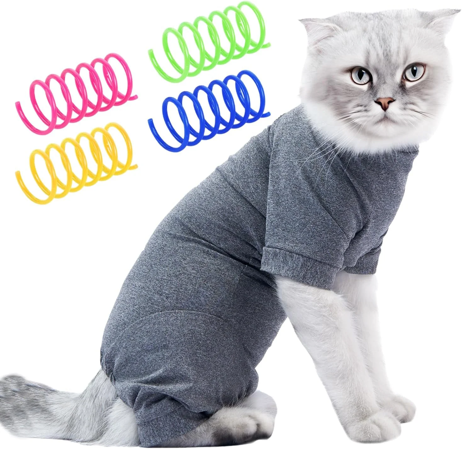 لباس نقاهت گربه به همراه 4 عدد اسباب بازی فنری گربه، لباس محافظ زخم گربه، لباس نرم و تنفسی گربه، جلیقه گربه، لباس خواب حیوانات خانگی (خاکستری) لباس نقاهت گربه به همراه 4 عدد اسباب بازی فنری گربه، لباس محافظ زخم گربه، لباس نرم و تنفسی گربه، جلیقه گربه، لباس خواب حیوانات خانگی (خاکستری)