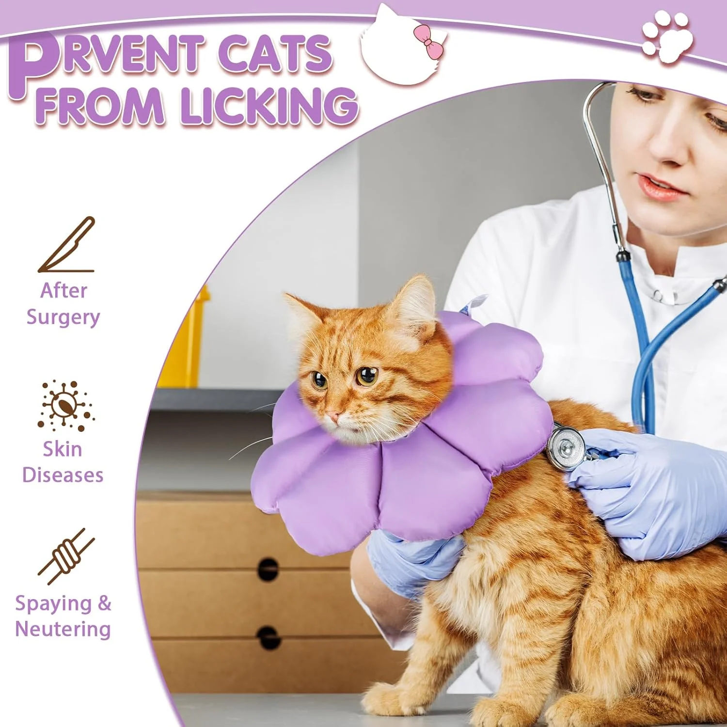 طوق گردنی نرم و ضد آب گربه ANWA، طوق قابل تنظیم برای دوران نقاهت گربه ها پس از جراحی، سایز متوسط