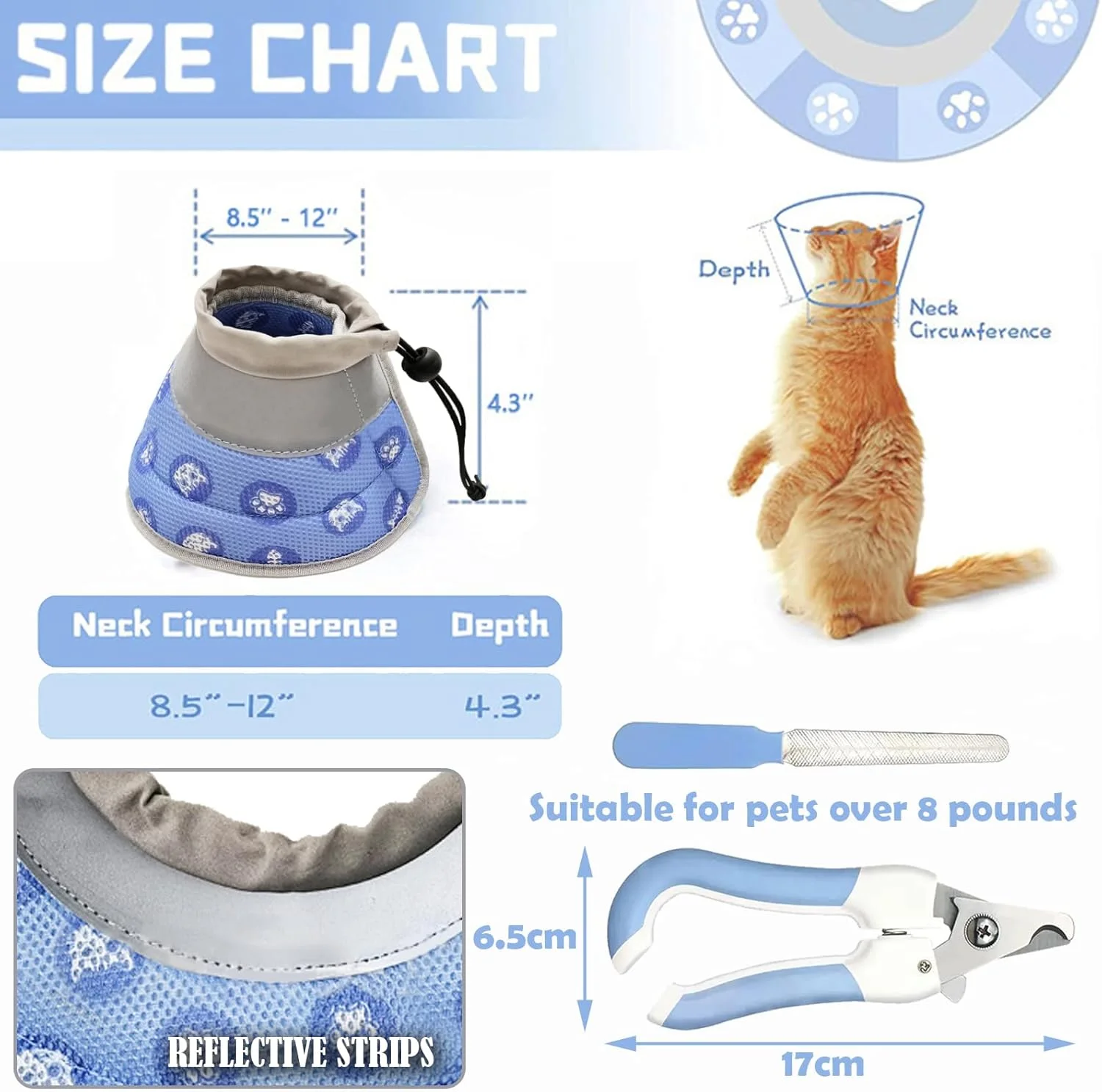طوق گردنی نرم و قابل تنظیم برای گربه، طوق گردنی برای دوران نقاهت گربه، طوق گردنی نرم بعد از جراحی و آسیب دیدگی، طوق گردنی برای جلوگیری از گاز گرفتن و لیسیدن برای گربه های کوچک (آبی)