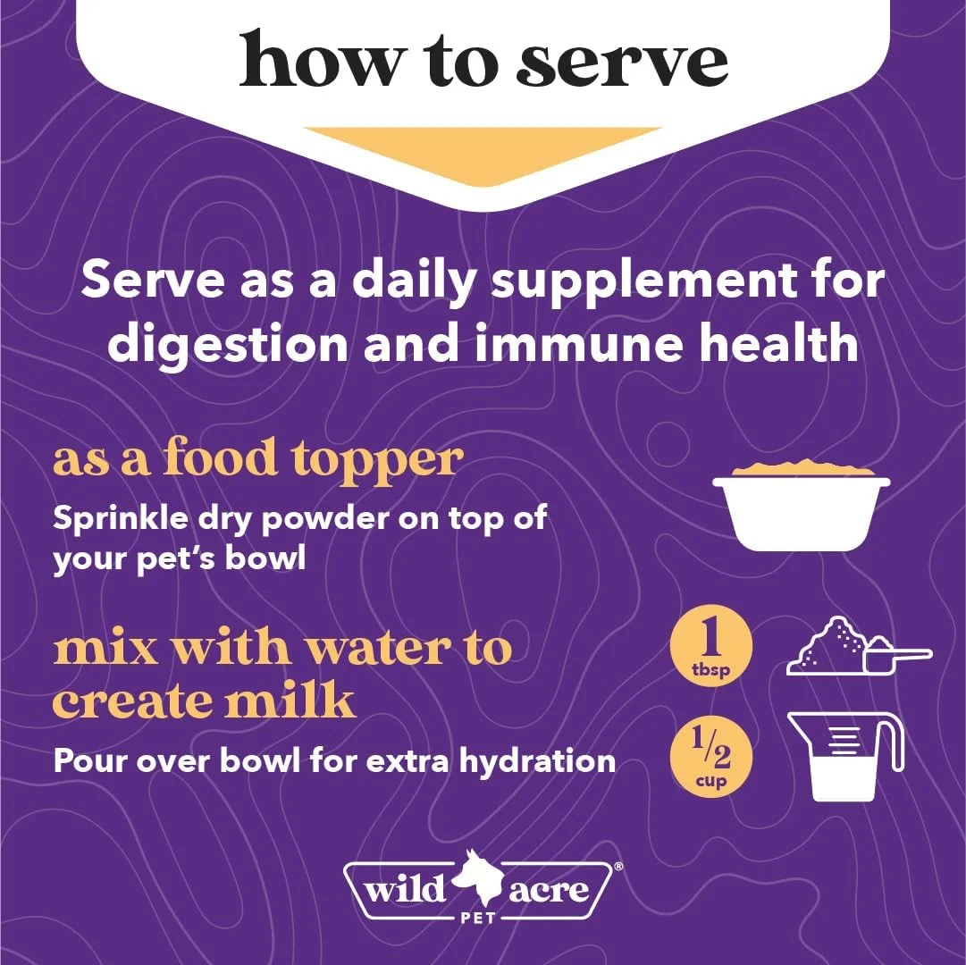 پودر شیر بز Wild Acre برای سگ ها - شیر بز پروتئین کامل با مخمر مغذی برای معده های حساس - پروتئین پروبیوتیک و پری بیوتیک ملایم برای سگ ها، توله سگ ها و گربه ها - 200 گرم، شیر بز طلایی