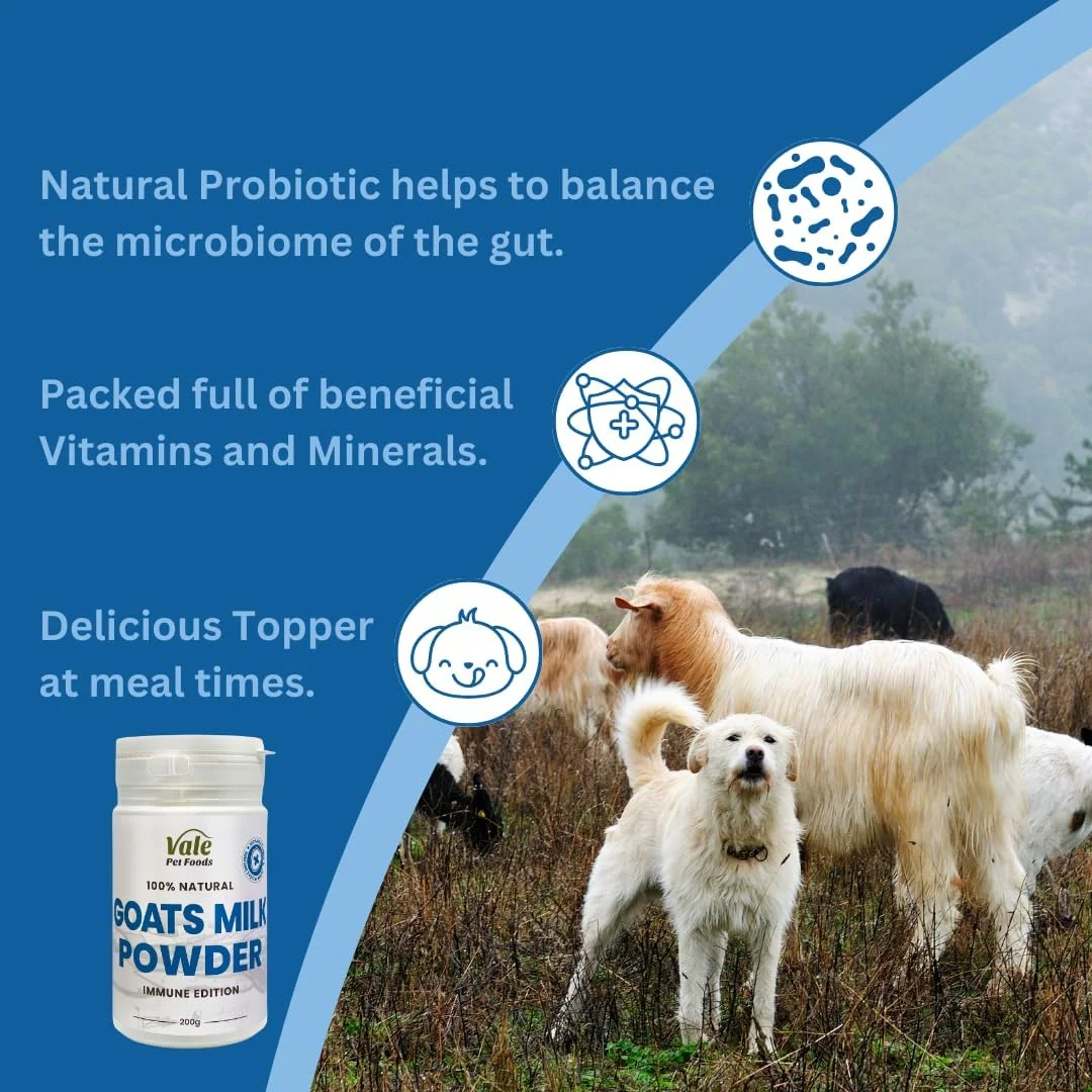 پودر شیر بز کامل برای سگ ها 200 گرم - مکمل غذایی طبیعی و کمک کننده به هضم برای تغذیه، لیسیدن و موارد دیگر - به صورت خشک بپاشید یا شیر سگ درست کنید - Vale Pet Foods