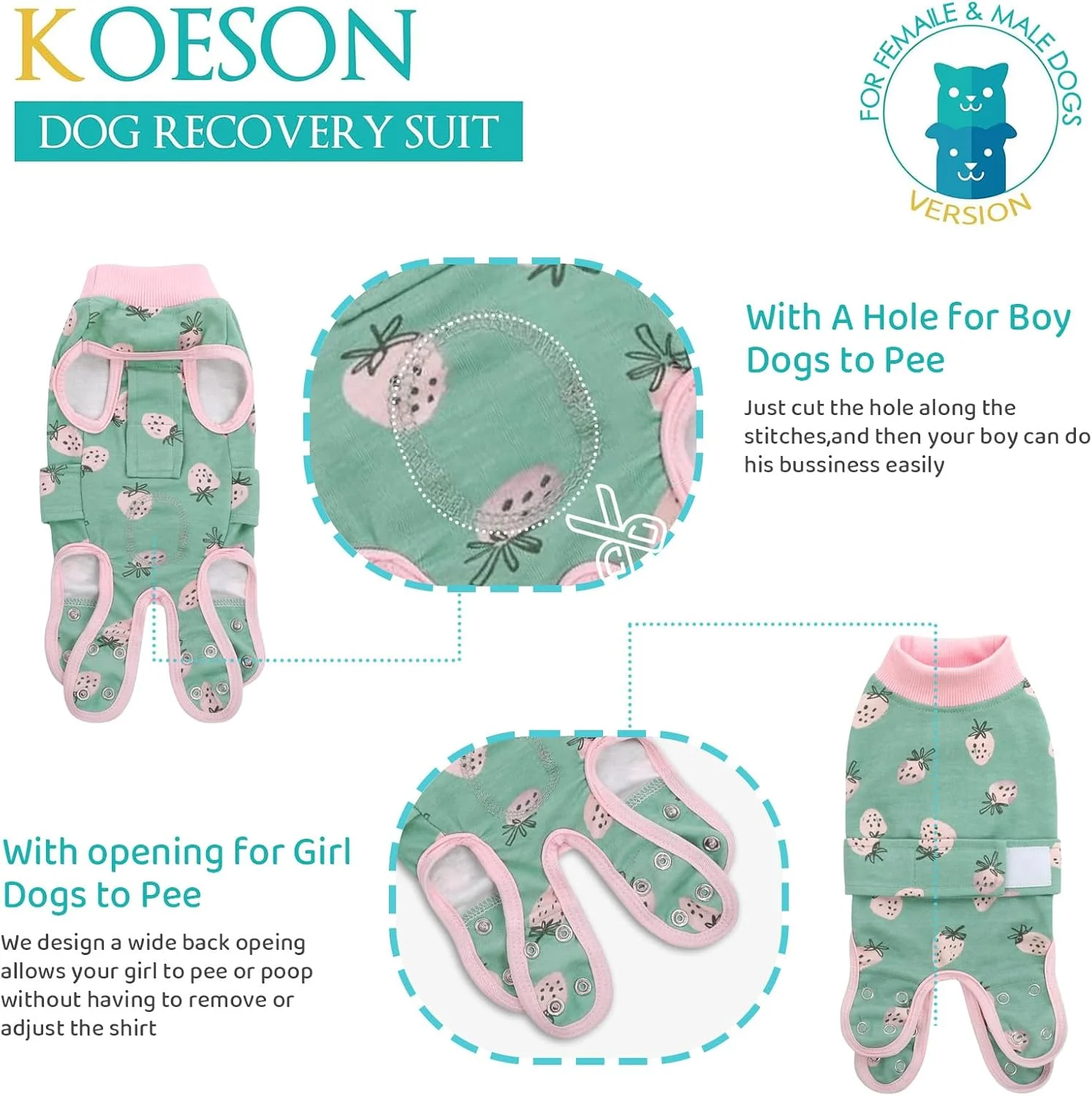 لباس نقاهت سگ KOESON، لباس جراحی حیوانات خانگی نر و ماده، پیراهن ریکاوری شکمی حرفه ای سگ با سوراخ ادرار، لباس جراحی نرم ضد لیسیدن، توت فرنگی XS