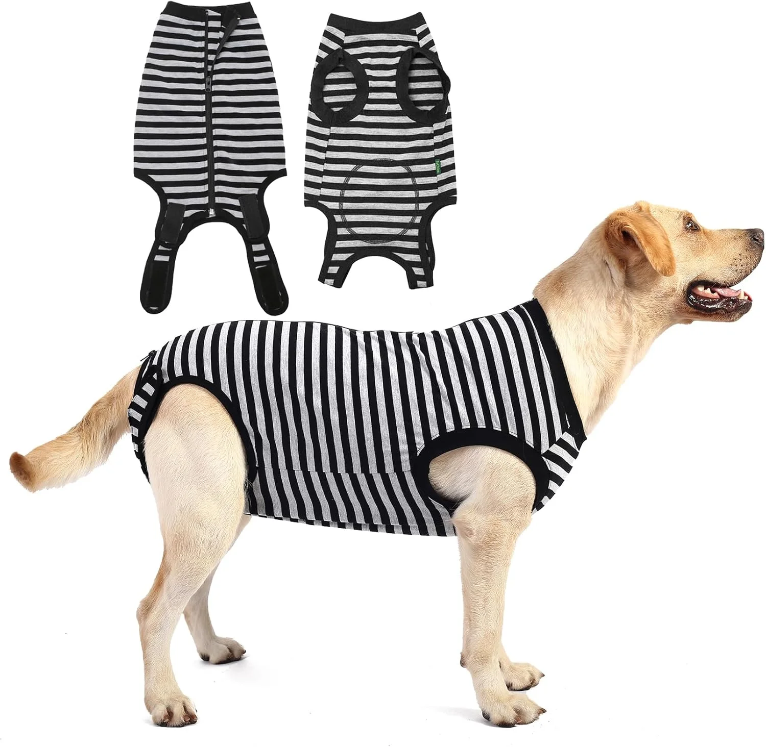 لباس نقاهت جراحی سگ، مناسب سگ های نر و ماده، لباس بهبودی بعد از عقیم سازی، لباس محافظ زخم پنبه ای راه راه با بست زیپی، راه راه مشکی XS