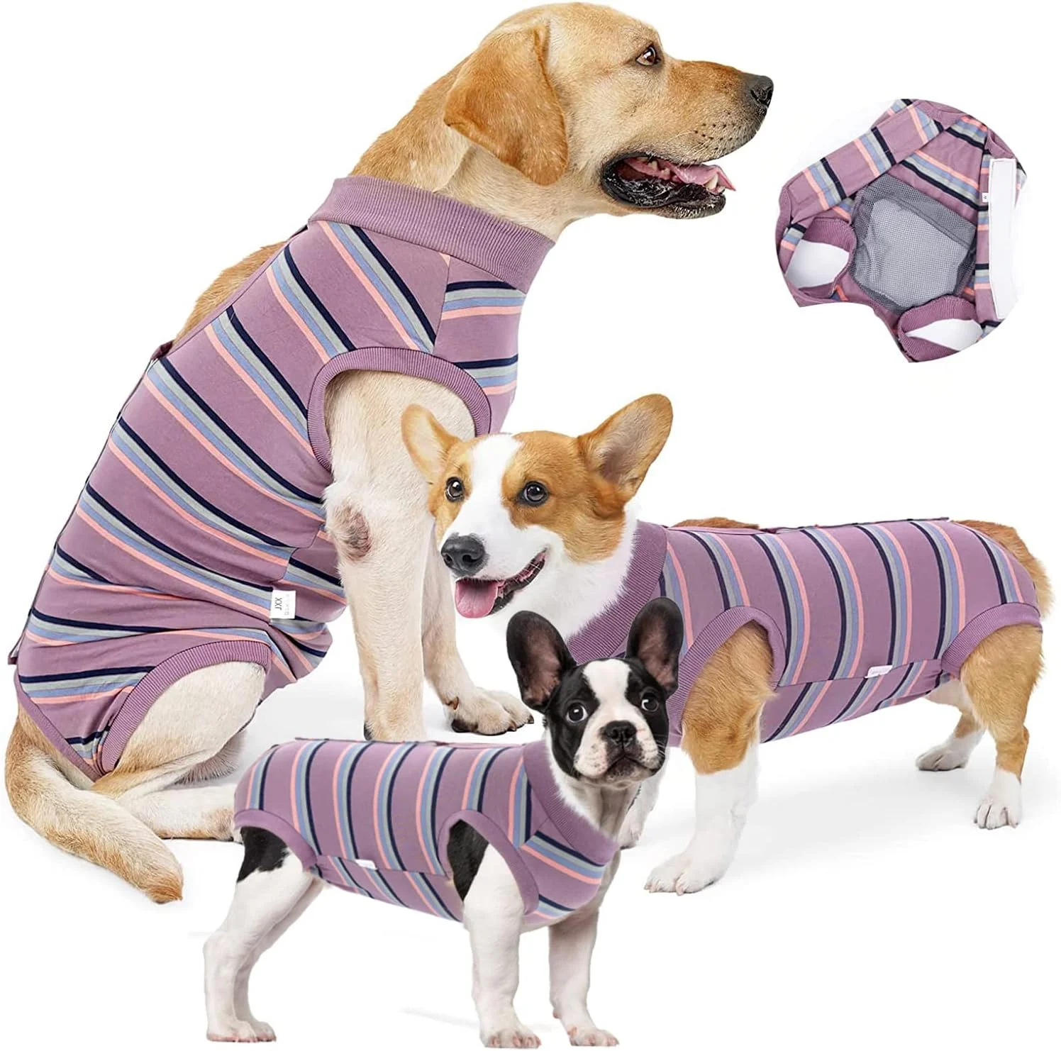 لباس ریکاوری سگ جودسن، لباس جراحی سگ با راه راه های بنفش، لباس یکسره جراحی سگ، لباس خواب سگ، لباس ضد لیسیدن الاستیک حیوانات خانگی برای توله سگ های متوسط و بزرگ (XL)