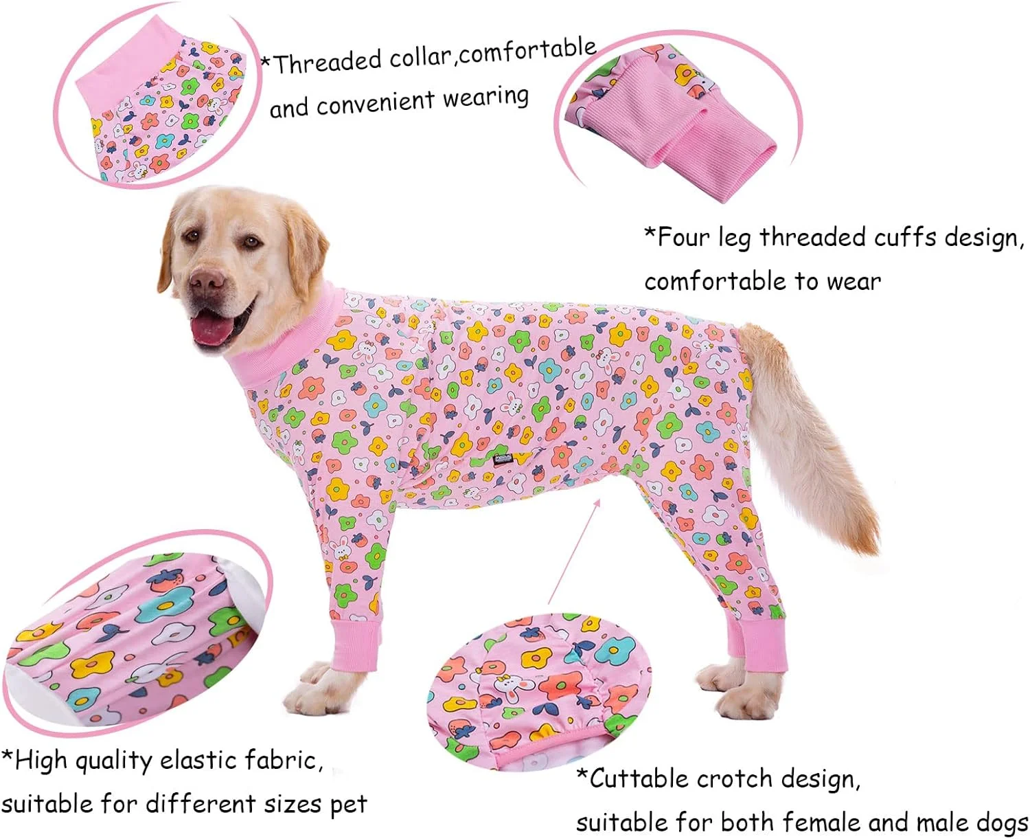 لباس سگ بزرگ، لباس یکسره الاستیک حیوانات خانگی محافظ مفاصل، ضد مو و ضد لیسیدن، لباس خواب حیوانات خانگی سگ، جامپسوت سگ برای سگ های متوسط و بزرگ (XXXL، گل های صورتی)