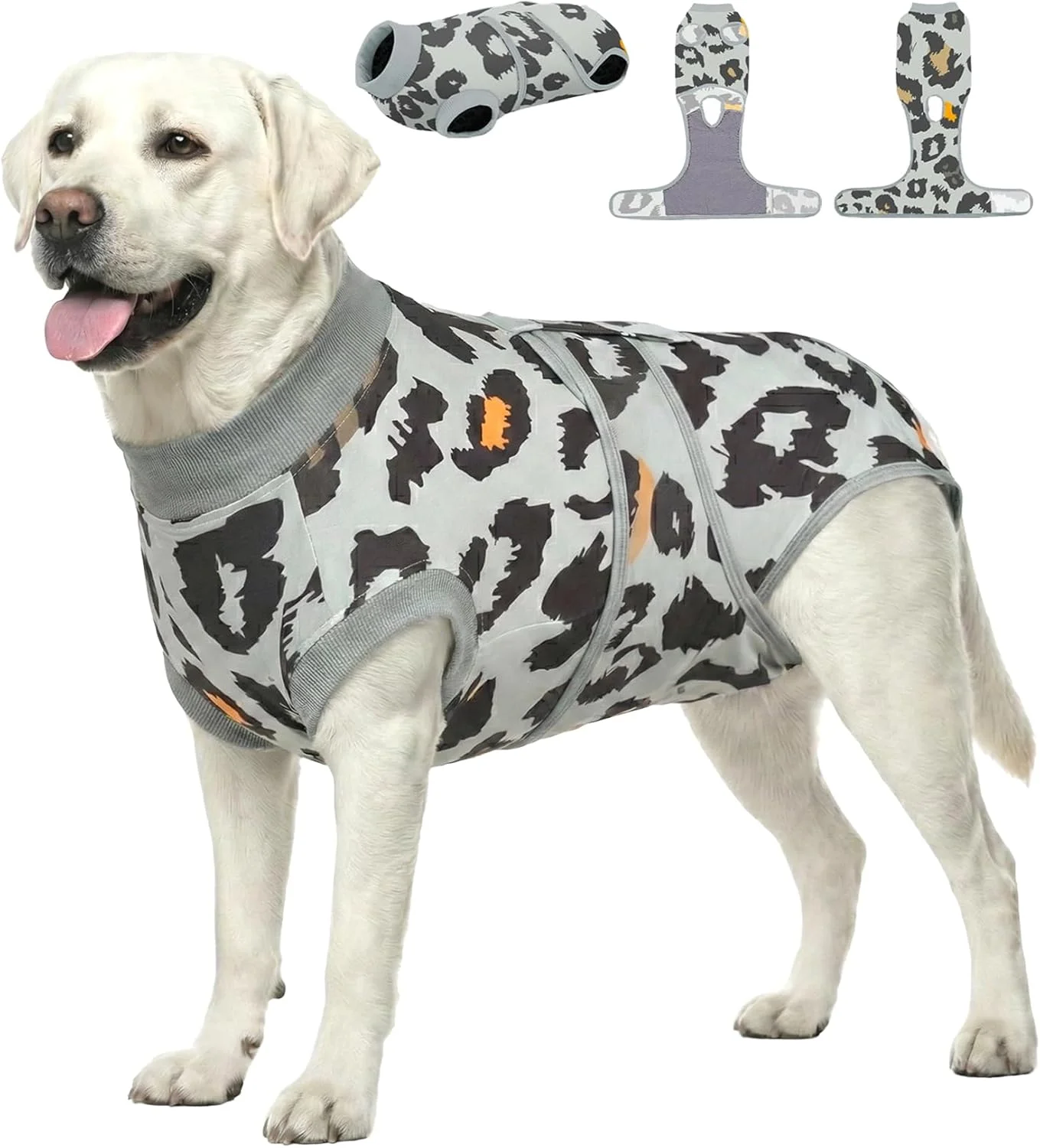 لباس جراحی سگ PetWarm، لباس یکسره بعد از عمل برای سگ های نر و ماده، جلوگیری از لیسیدن، محافظت پنبه ای از شکم، جایگزین مخروط و قلاده الیزابت حیوانات خانگی، طرح پلنگی، خاکستری سبز، XL