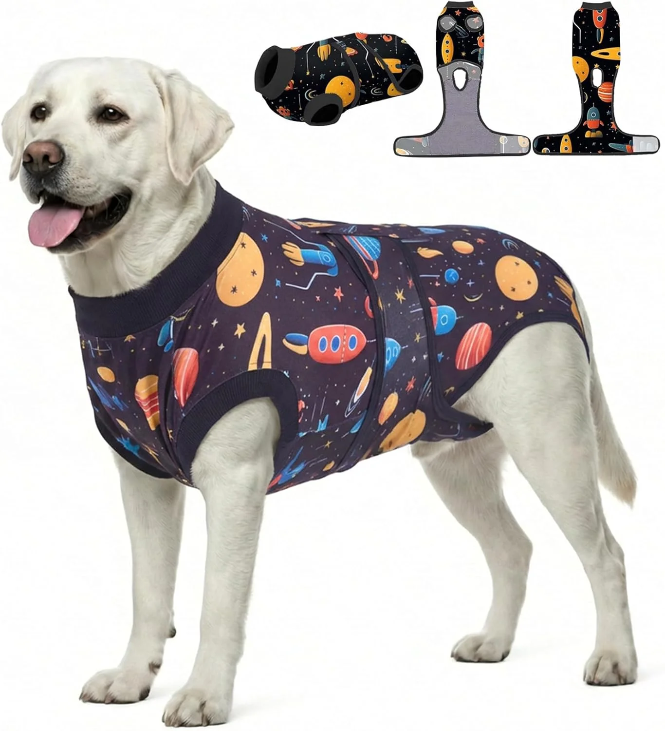 لباس جراحی سگ PetWarm، لباس داخلی سگ کلاه دار، جایگزین قلاده الیزابت و مخروطی، لباس ریکاوری جراحی سگ ضد لیسیدن، لباس بدن نرم سگ برای سگ های کوچک، متوسط و بزرگ، طرح کیهانی، مشکی، 2XL
