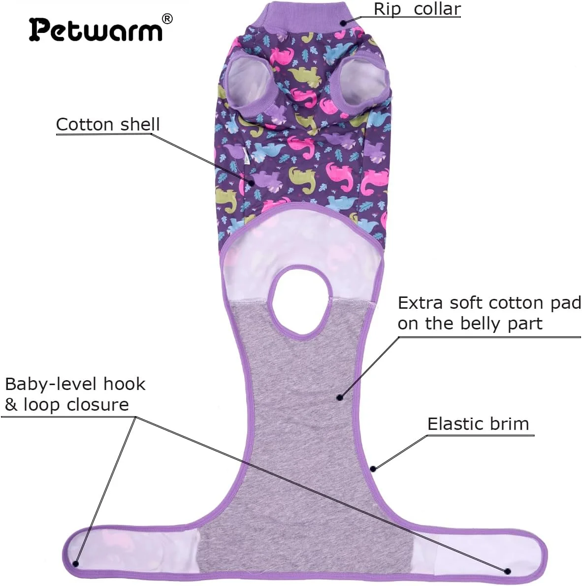 لباس جراحی سگ PetWarm، لباس داخلی سگ، جایگزین قلاده الیزابت و مخروطی، لباس ریکاوری جراحی ضد لیسیدن سگ، طرح دایناسور نرم، بنفش، XS