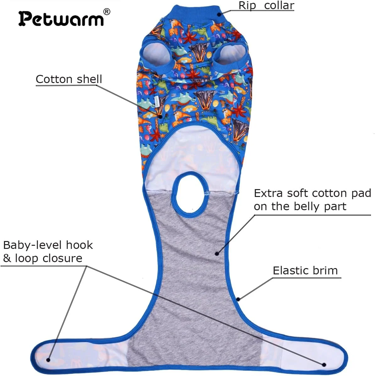 لباس ریکاوری سگ PetWarm، لباس جراحی برای سگ ها، لباس سرهمی برای سگ ها، لباس خواب ریکاوری جراحی ضد لیسیدن سگ، لباس بدن برای نواحی آسیب دیده شکمی و نواحی پوست حساس، طرح باغ وحش، آبی، سایز S