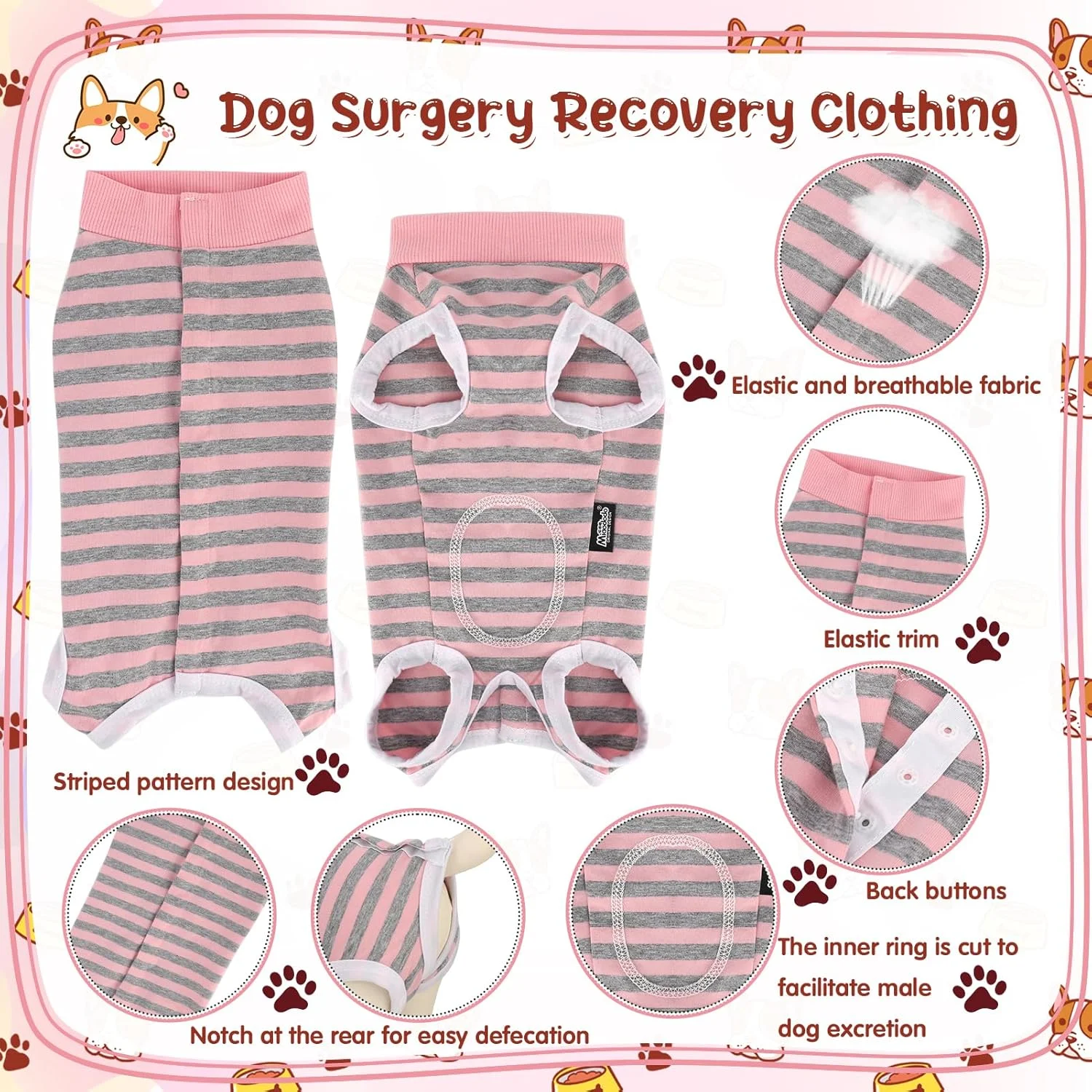 لباس نقاهت جراحی برای سگ ها - لباس جراحی راه راه، پیراهن ضد لیسیدن بعد از جراحی، جلیقه یکسره، جایگزین E-Collar (صورتی، M)