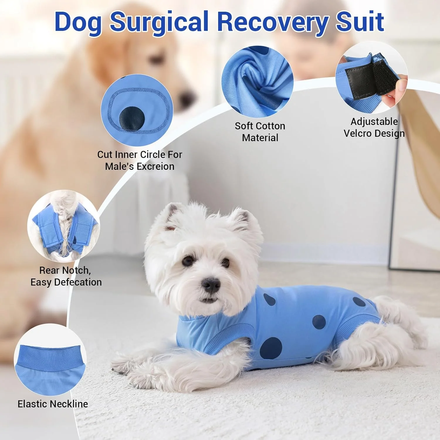 لباس بدن سگ نرم بعد از عمل، لباس بدن سگ قابل تنظیم، لباس جراحی تنفسی سگ برای ریزش مو، آلرژی، ضد لیسیدن، محافظت از زخم (آبی)
