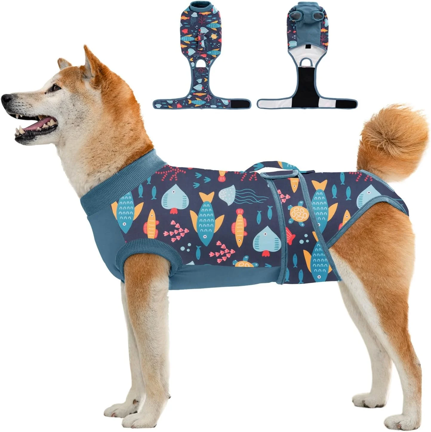 لباس نقاهت سگ و گربه، لباس یکسره سگ برای عقیم سازی، جایگزین قلاده الیزابت و مخروط، لباس یکسره تنفسی ضد لیسیدن برای سگ و گربه کوچک، متوسط و بزرگ (طرح ماهی، سایز S)