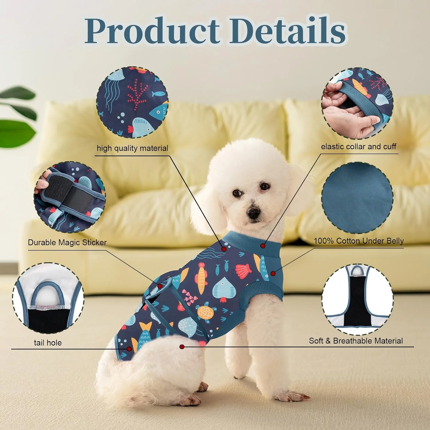 لباس نقاهت سگ و گربه، لباس یکسره سگ برای عقیم سازی، جایگزین قلاده الیزابت و مخروط، لباس یکسره تنفسی ضد لیسیدن برای سگ و گربه کوچک، متوسط و بزرگ (طرح ماهی، سایز S)