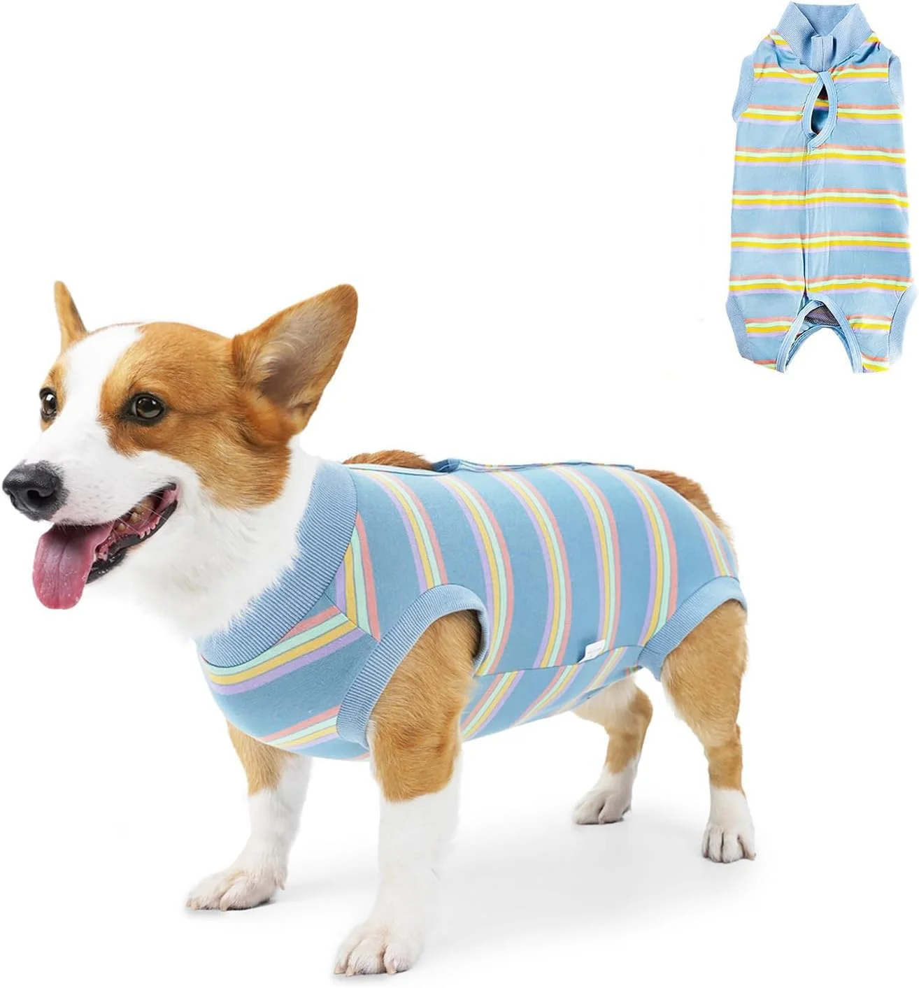 لباس نقاهت سگ بعد از جراحی، نرم و تنفسی، لباس یکسره ضد لیسیدن زخم، مناسب سگ نر و ماده، طرح راه راه آبی (سایز متوسط)