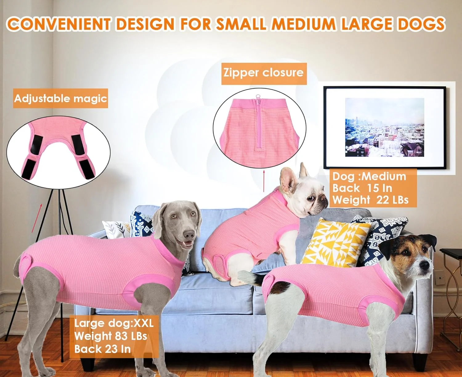 لباس نقاهت جراحی سگ، لباس جراحی برای سگ ماده سایز متوسط، پنبه شانه شده نرم، لباس یکسره زیپ دار راه راه صورتی هندوانه ای M