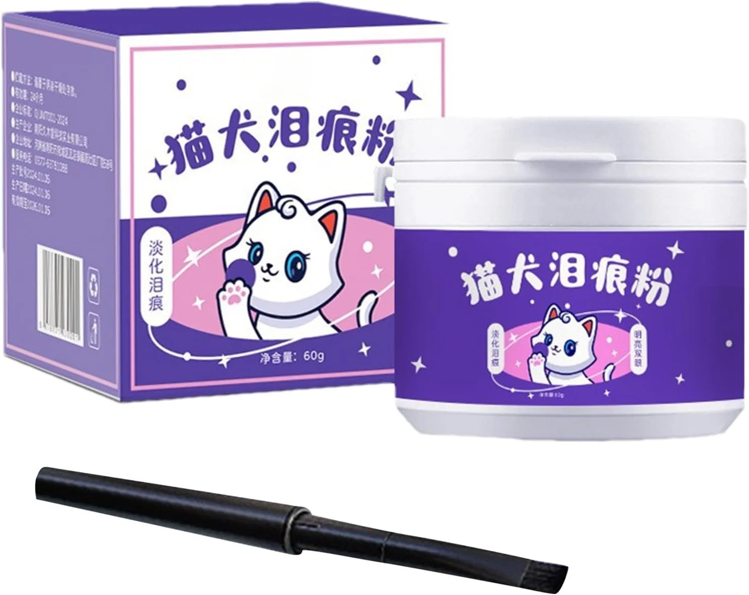 پودر پاک کننده لکه اشک | پودر تمیز کننده چشم 60 گرمی همراه با برس برای سگ و گربه | شستشوی ایمن و طبیعی چشم حیوانات خانگی، جذب و دفع کننده اشک