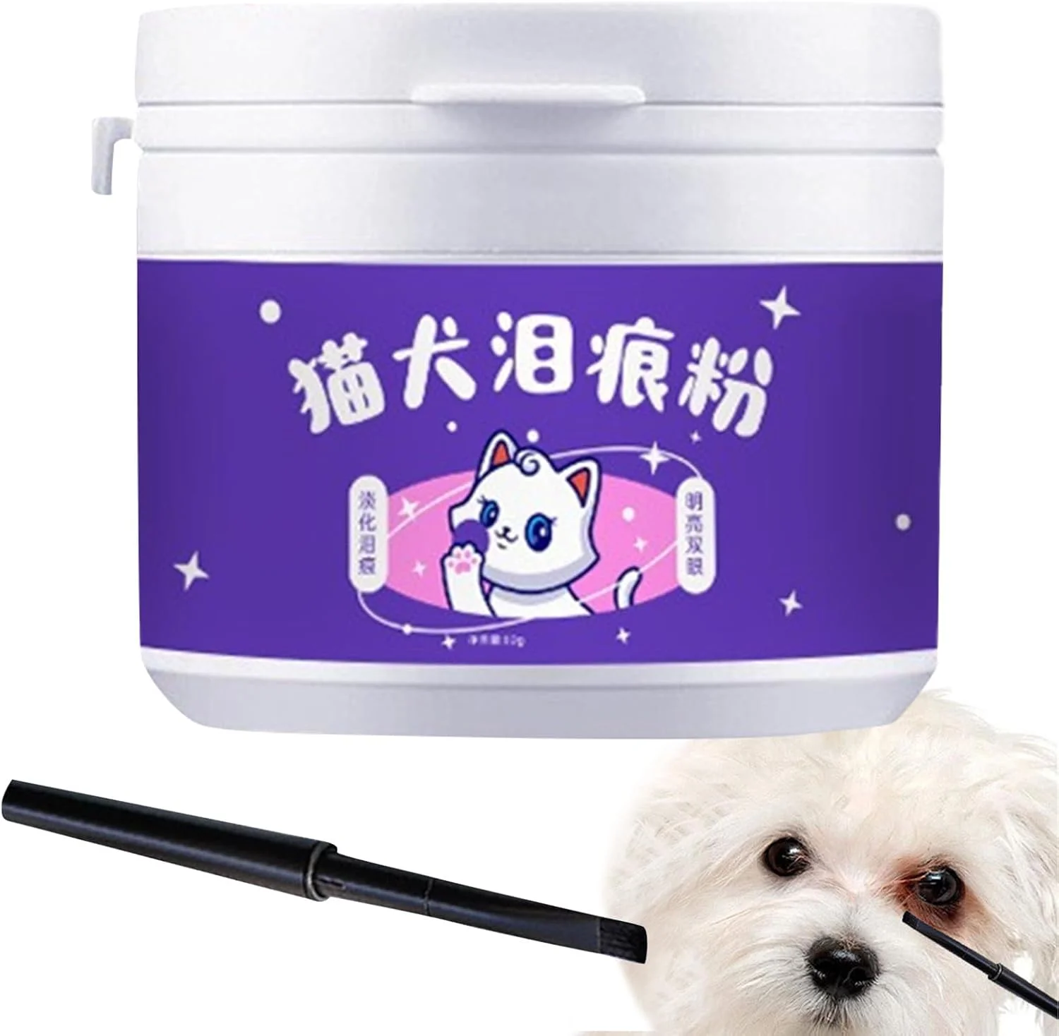 پودر پاک کننده لکه اشک برای سگ ها به همراه برس، 60 گرم، پاک کننده چشم و کاهش دهنده لکه، جذب و دفع کننده اشک. ناحیه را خشک نگه می دارد