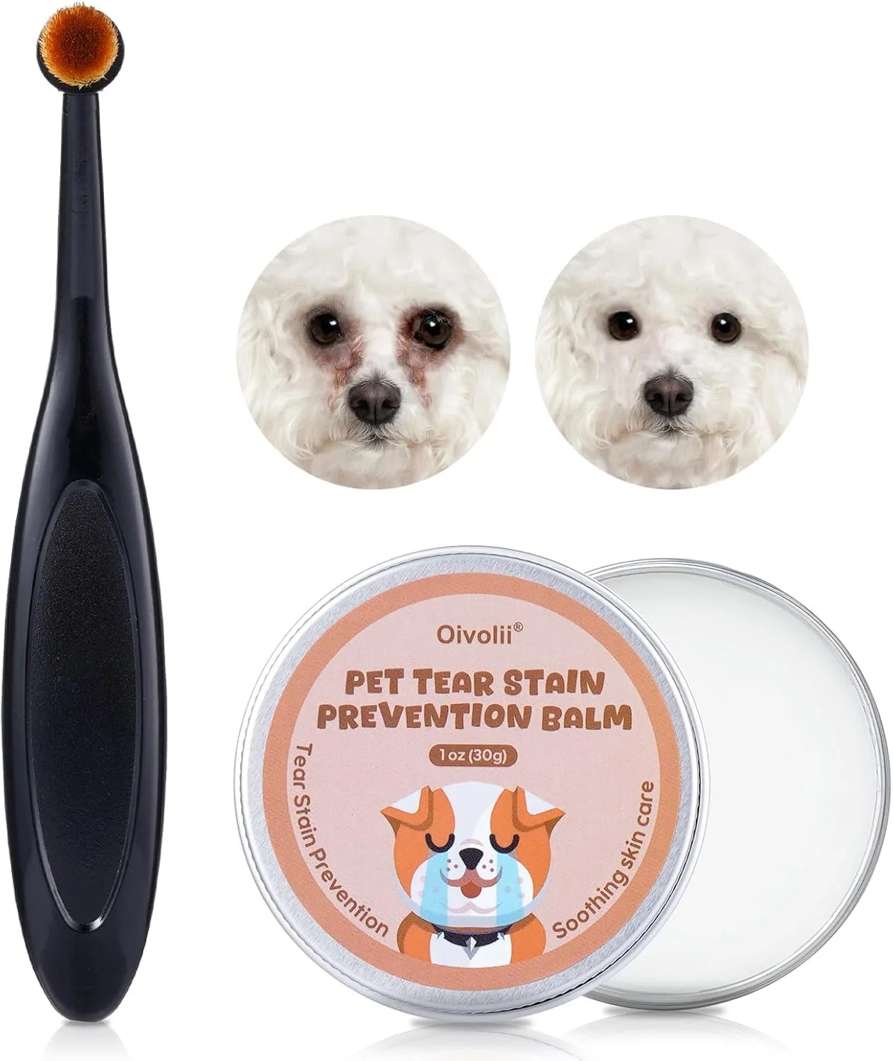 بالم پاک کننده لکه اشک برای سگ و گربه به همراه برس پودری حرفه ای - طبیعی و ایمن، به آرامی جرم و لکه های چشم را پاک می کند - مناسب برای سگ های سفید، تمیز کردن روزانه چشم - عملکرد بهتر با دستمال مرطوب چشم حیوانات خانگی (28.35 گرم)