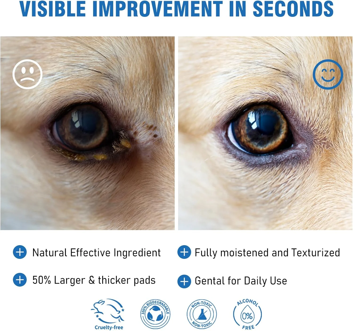 دستمال مرطوب پاک کننده چشم سگ، دستمال مرطوب ضخیم و بزرگ چشم گربه، حاوی ترکیبات ملایم، پد پاک کننده چشم حیوانات خانگی با بافت و از قبل خیس شده برای ترشحات، 100 عدد، بدون عطر
