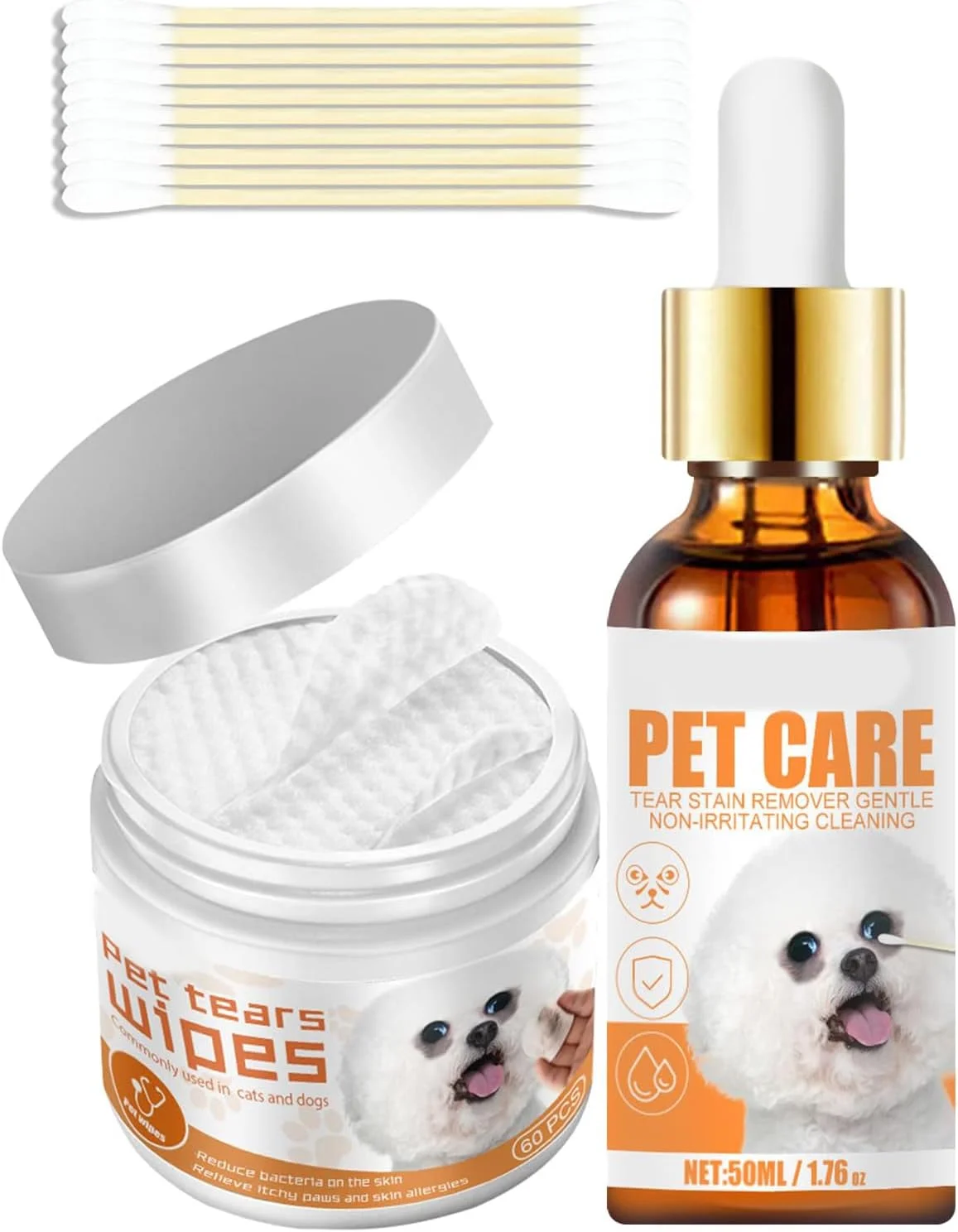 قطره چشم حیوانات خانگی KASTWAVE، 50 میلی لیتر، شستشوی چشم سگ و گربه، ایمن و موثر، از بین برنده لکه های اشک، از بین بردن لکه های چشم و خشکی، پاک کننده لکه چشم برای سگ ها و گربه ها به همراه دستمال مرطوب اشک حیوانات خانگی (رز)