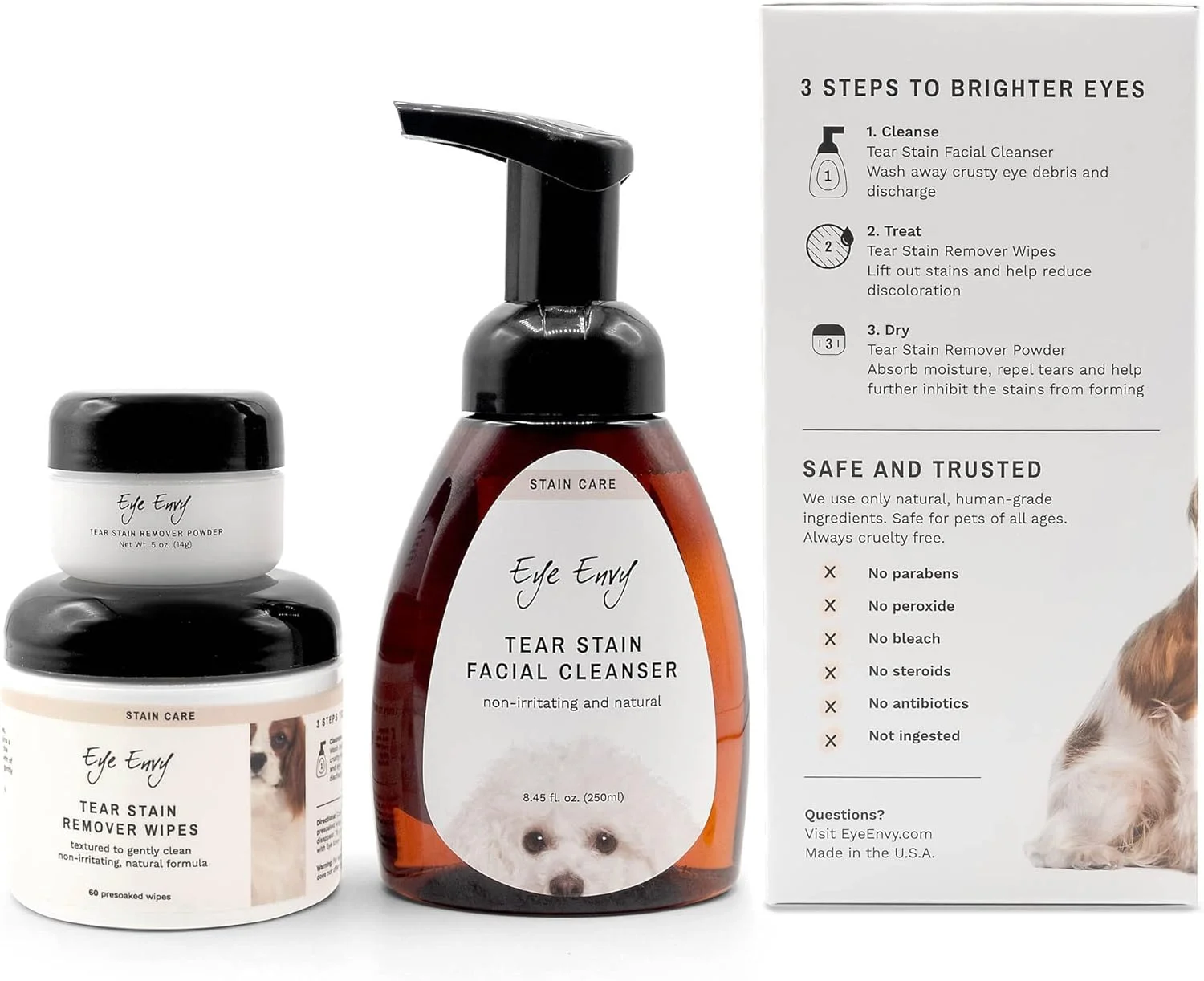 مجموعه ۳ مرحلهای پاک کننده لکه اشک Eye Envy برای سگ ها | چشمانی تمیز و بدون لکه در ۷ روز | شامل: پاک کننده ۲۵۰ میلی لیتر، دستمال مرطوب ۶۰ عدد و پودر ۱۴ گرم | غیر تحریک کننده و طبیعی مجموعه ۳ مرحلهای پاک کننده لکه اشک Eye Envy برای سگ ها | چشمانی تمیز و بدون لکه در ۷ روز | شامل: پاک کننده ۲۵۰ میلی لیتر، دستمال مرطوب ۶۰ عدد و پودر ۱۴ گرم | غیر تحریک کننده و طبیعی