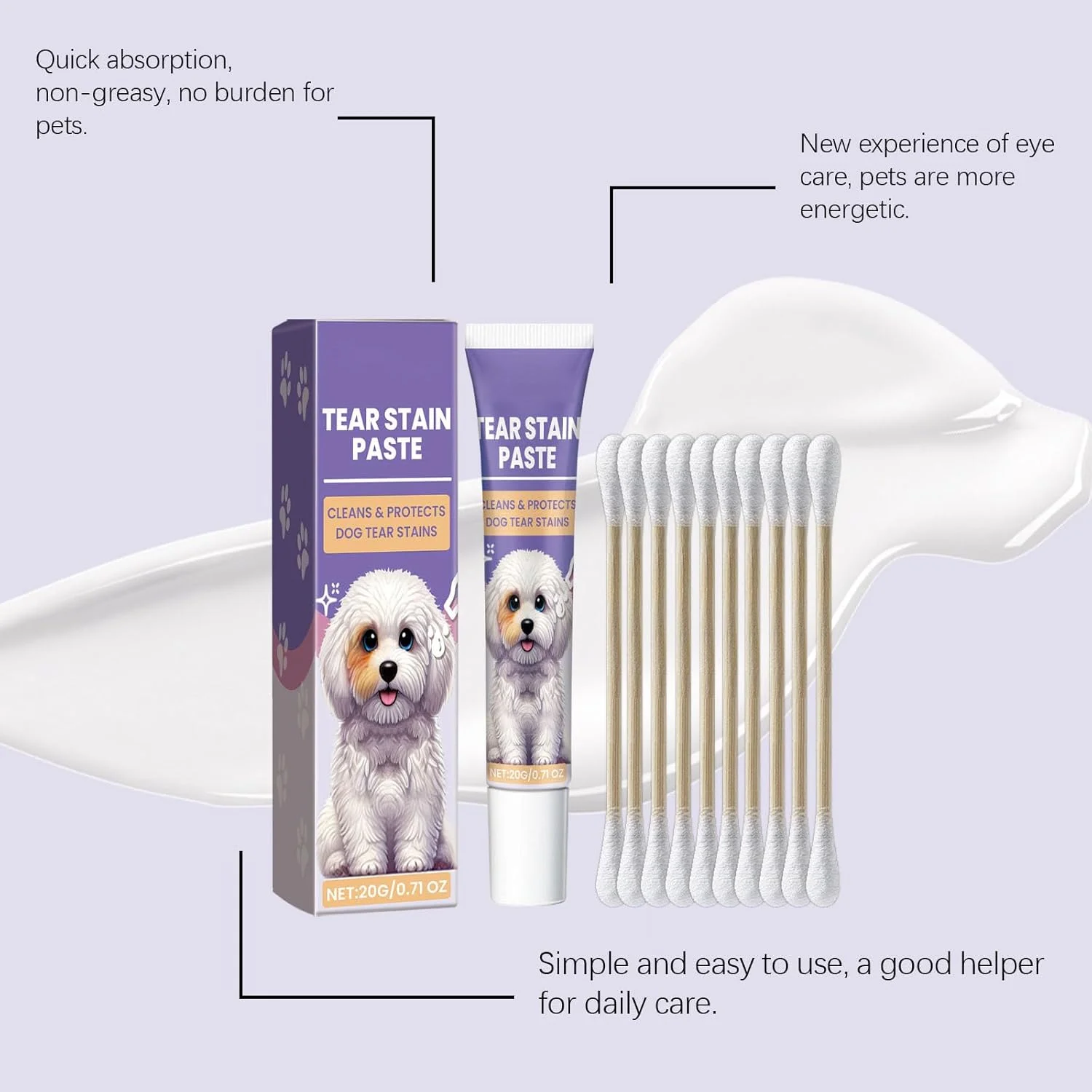 پماد چشم سگ، از بین برنده لکه اشک و مراقبت مرطوب کننده برای تمیز کردن ملایم چشم، شامل 10 سواب پنبه ای، مراقبت ایمن و تسکین دهنده چشم برای سگ ها، 20 گرم