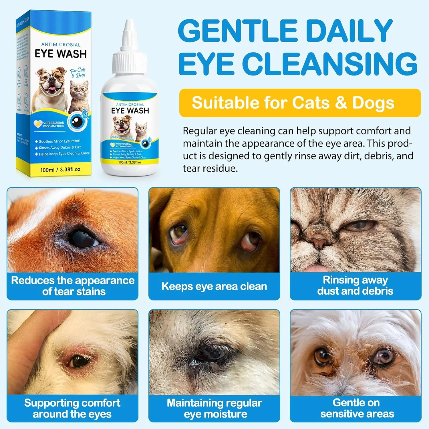 محلول شستشوی چشم سگ و گربه | قطره های چشمی برای سگ ها و گربه ها برای شستشو و تسکین سوزش چشم، پاک کننده لکه اشک سگ، ایمن برای همه حیوانات محلول شستشوی چشم سگ و گربه | قطره های چشمی برای سگ ها و گربه ها برای شستشو و تسکین سوزش چشم، پاک کننده لکه اشک سگ، ایمن برای همه حیوانات