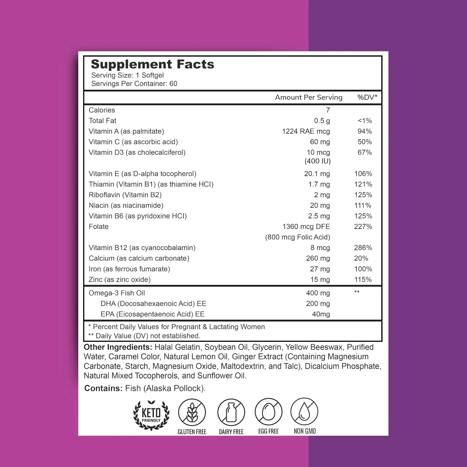 ویتامین های دوران بارداری حلال + DHA، اسید فولیک، آهن، زنجبیل برای تسکین، یک عدد در روز، برای تمام مراحل بارداری، بدون گلوتن، غیر GMO، 60 سافت ژل، تامین 2 ماهه، ساخت ایالات متحده آمریکا، ویتامین های حلال