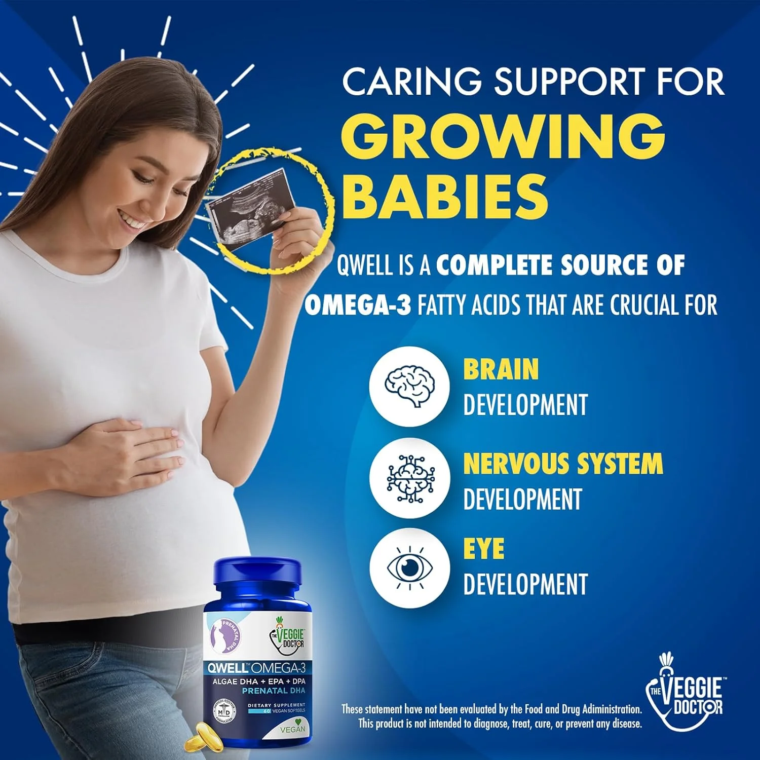 DHA، EPA و امگا 3 گیاهی دوران بارداری - مکمل Qwell بهتر از روغن ماهی برای رشد مغز - دوران بارداری با ویتامین E، 820 میلی گرم اسید چرب امگا 3 جلبک و بدون کاراگینان، 60 عدد.