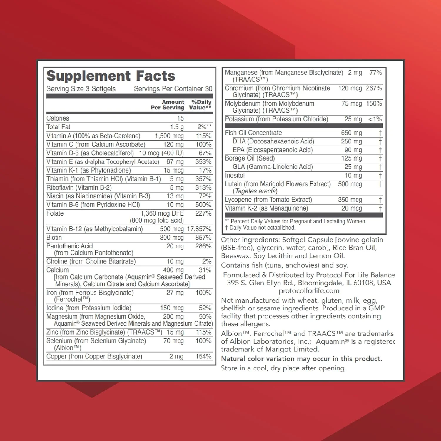 پروتکل فور لایف بالانس - مولتی ویتامین دوران بارداری به همراه DHA - مولتی ویتامین دوران بارداری برای بانوان، جهت پشتیبانی از سلامت چشم، رشد مغز به همراه اسید فولیک (فولات)، روغن گل گاوزبان، بیوتین - 90 سافت ژل