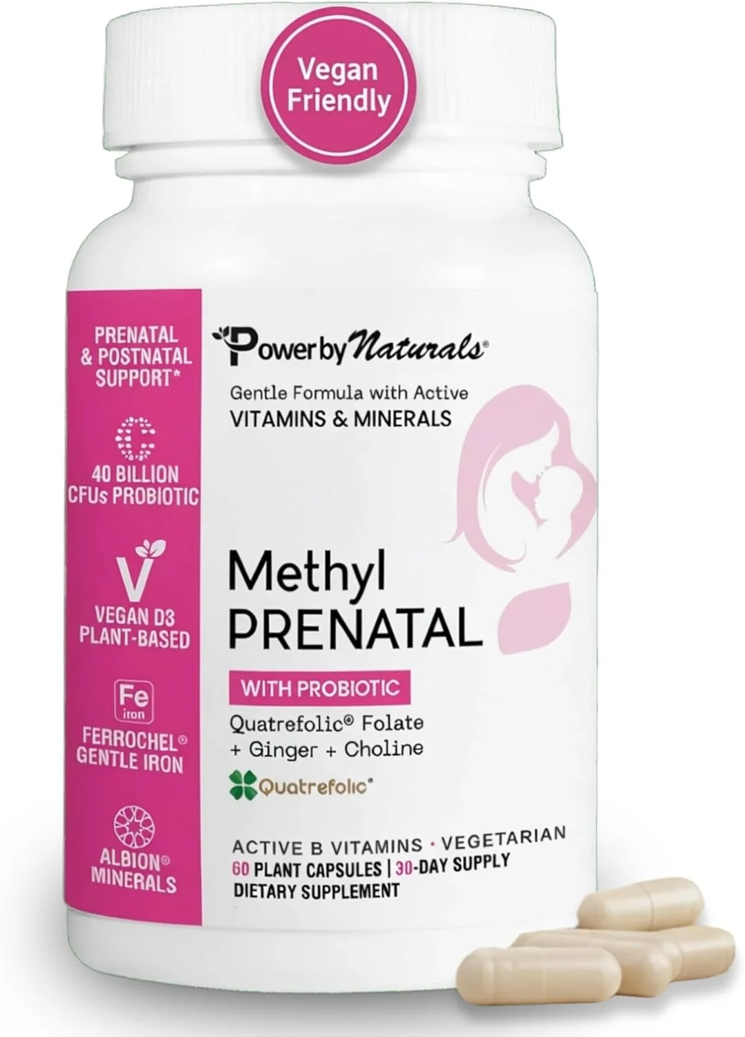 مکمل دوران بارداری Power By Naturals Methyl Prenatal به همراه پروبیوتیک، ویتامین های دوران بارداری متیله شده برای زنان به همراه آهن، B12، کولین، زنجبیل و 27+ ماده مغذی ضروری، 60 کپسول