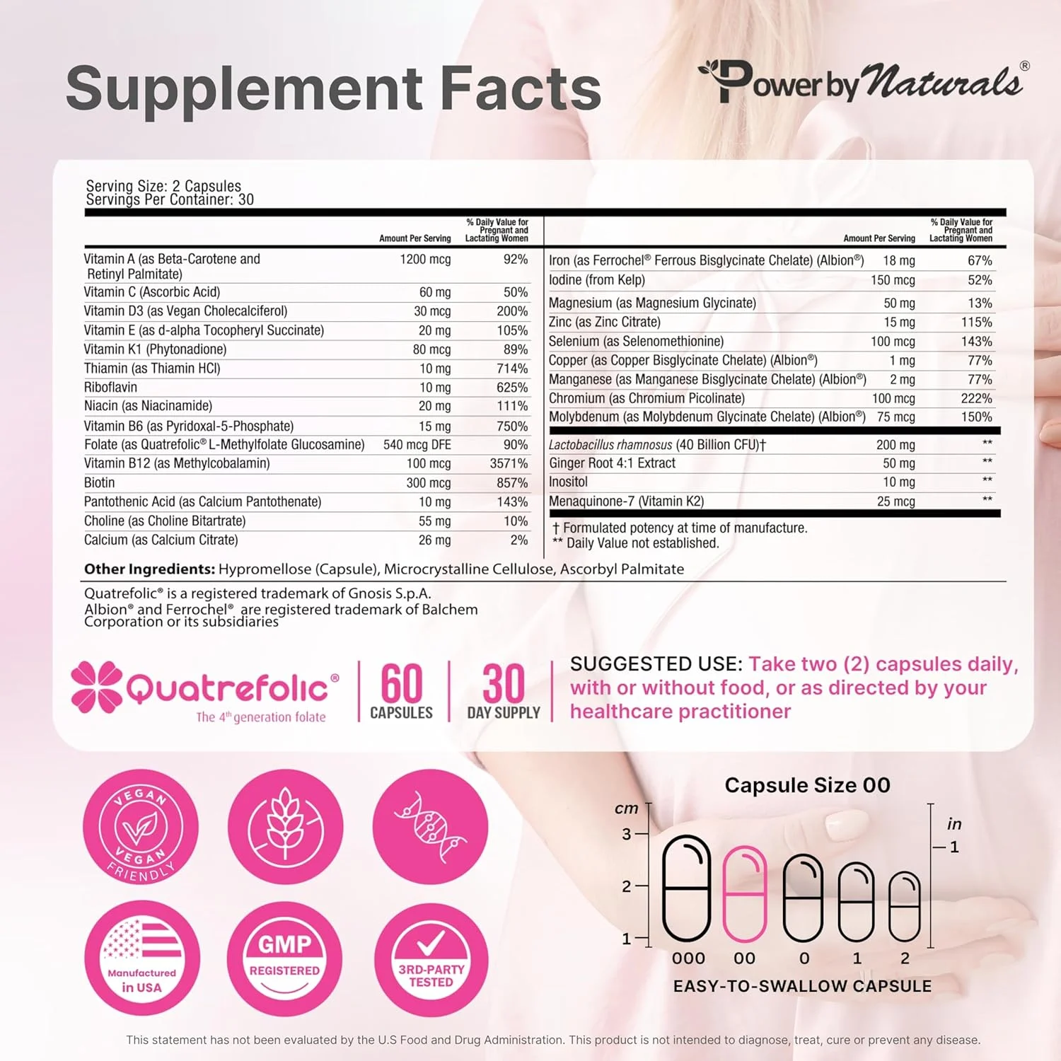 مکمل دوران بارداری Power By Naturals Methyl Prenatal به همراه پروبیوتیک، ویتامین های دوران بارداری متیله شده برای زنان به همراه آهن، B12، کولین، زنجبیل و 27+ ماده مغذی ضروری، 60 کپسول