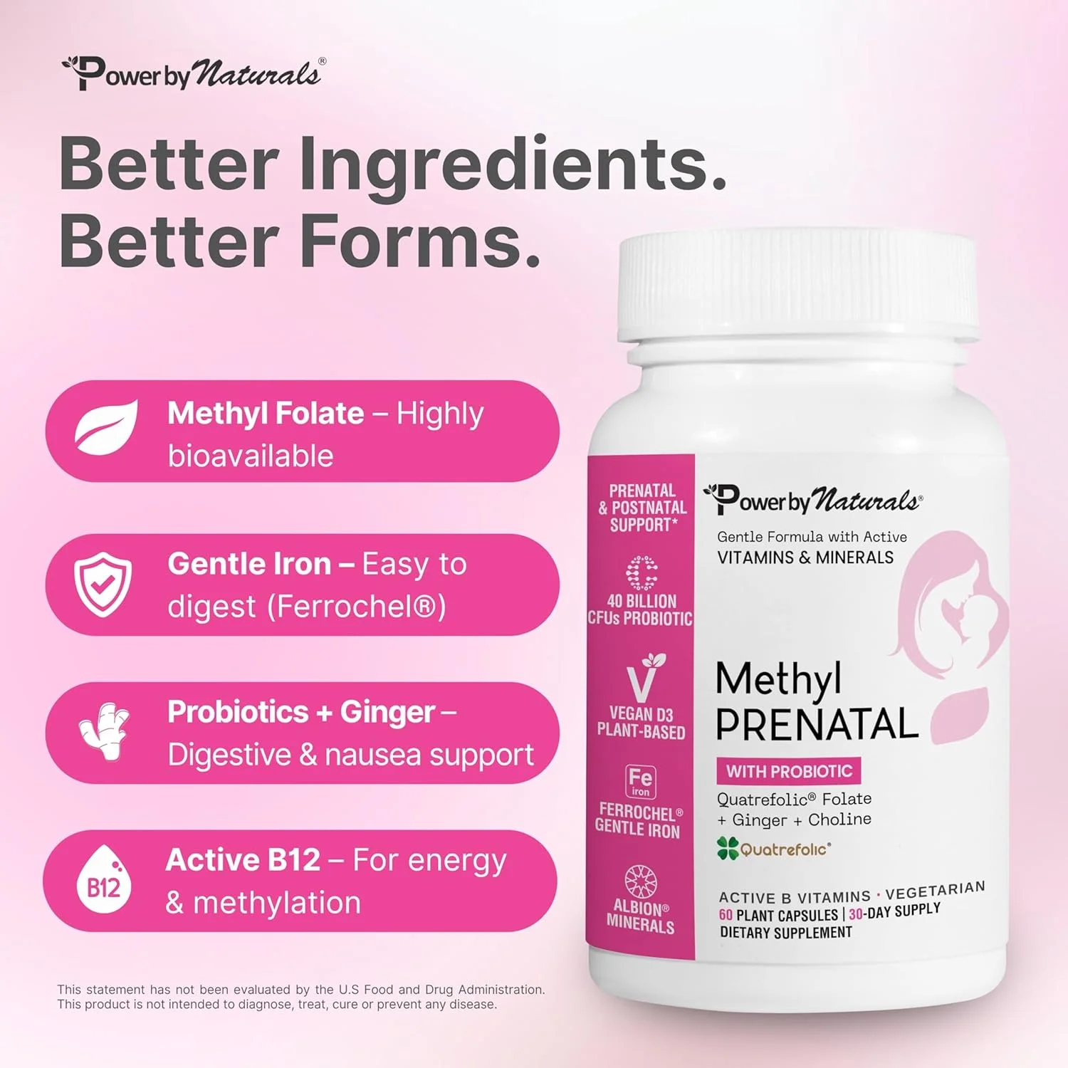 مکمل دوران بارداری Power By Naturals Methyl Prenatal به همراه پروبیوتیک، ویتامین های دوران بارداری متیله شده برای زنان به همراه آهن، B12، کولین، زنجبیل و 27+ ماده مغذی ضروری، 60 کپسول