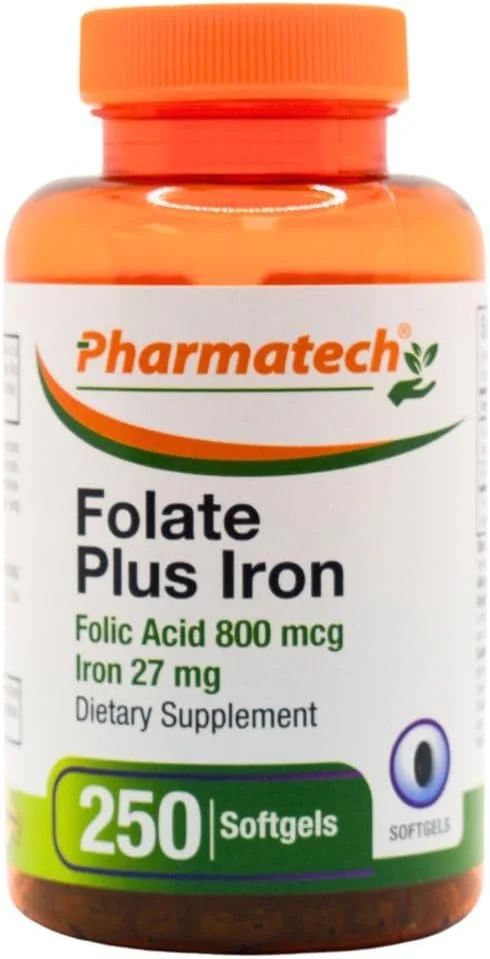 مکمل اسید فولیک، ویتامین B9، اسید فولیک دوران بارداری، فولات دوران بارداری، جذب سریع، اسید فولیک 800 میکروگرم به همراه آهن 27 میلی گرم، 250 سافت ژل