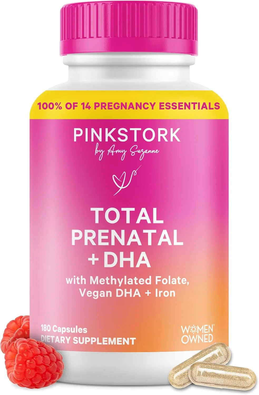 ویتامین های دوران بارداری کامل پینک استورک حاوی DHA، فولات و آهن، تامین 3 ماهه برای کمک به حمایت از رشد جنین، ملزومات بارداری - 180 کپسول