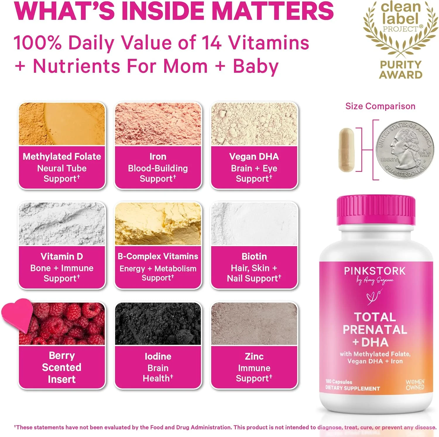 ویتامین های دوران بارداری کامل پینک استورک حاوی DHA، فولات و آهن، تامین 3 ماهه برای کمک به حمایت از رشد جنین، ملزومات بارداری - 180 کپسول