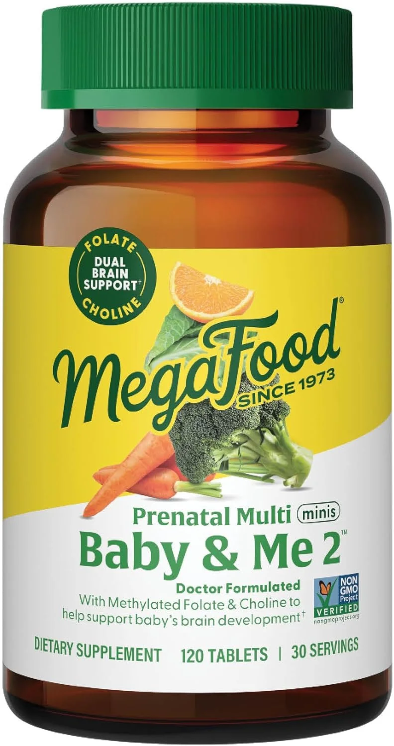 مولتی ویتامین و مواد معدنی دوران بارداری MegaFood Baby & Me 2 - ویتامین های مخصوص بانوان - حاوی فولات (فرم طبیعی اسید فولیک)، کولین، آهن، ید، ویتامین C، ویتامین D و موارد دیگر - 120 مینی قرص (30 سروینگ)