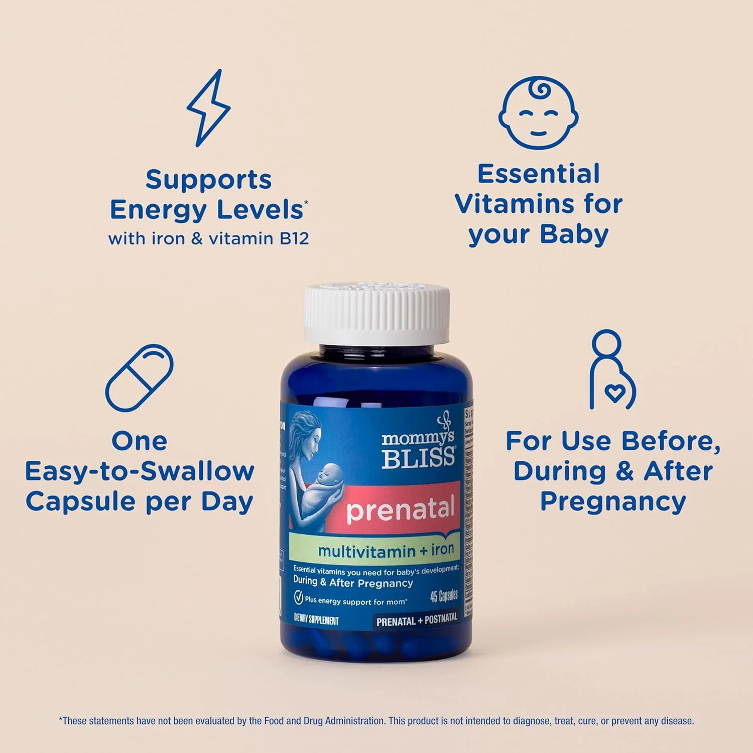 مولتی ویتامین دوران بارداری Mommy's Bliss حاوی آهن و فولیک اسید: پشتیبانی از رشد کودک، ایمنی و سطح انرژی مادر* حاوی آهن، روی، ویتامین های B، پروبیوتیک، وگان، بدون گلوتن (45 سروینگ)