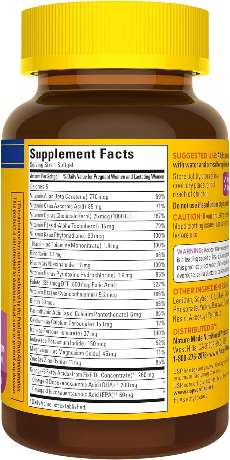 کپسول های نرم ویتامین دوران بارداری نیچرمید + DHA با اسید فولیک، ید و روی، 60 عدد