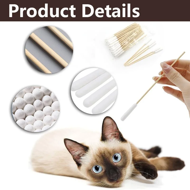 گوش پاک کن بلند پنبه ای 100 عددی با دسته چوبی برای سگ ها - مناسب برای تمیز کردن حرفه ای گوش حیوانات خانگی