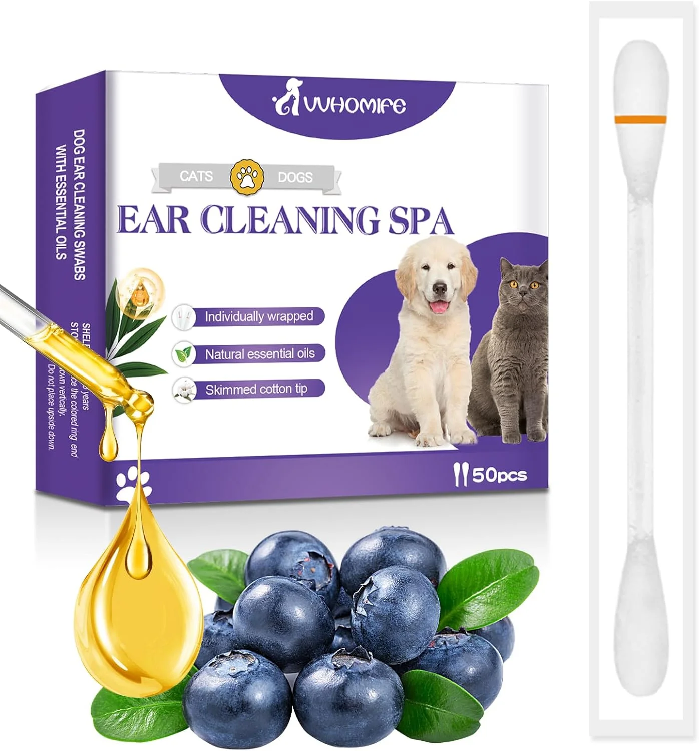 گوش پاک کن دو منظوره حیوانات خانگی - پاک کننده طبیعی و ملایم گوش برای سگ ها و گربه ها - از بین برنده جرم، کثیفی و بو - بسته بندی جداگانه برای استفاده آسان - 50 عدد