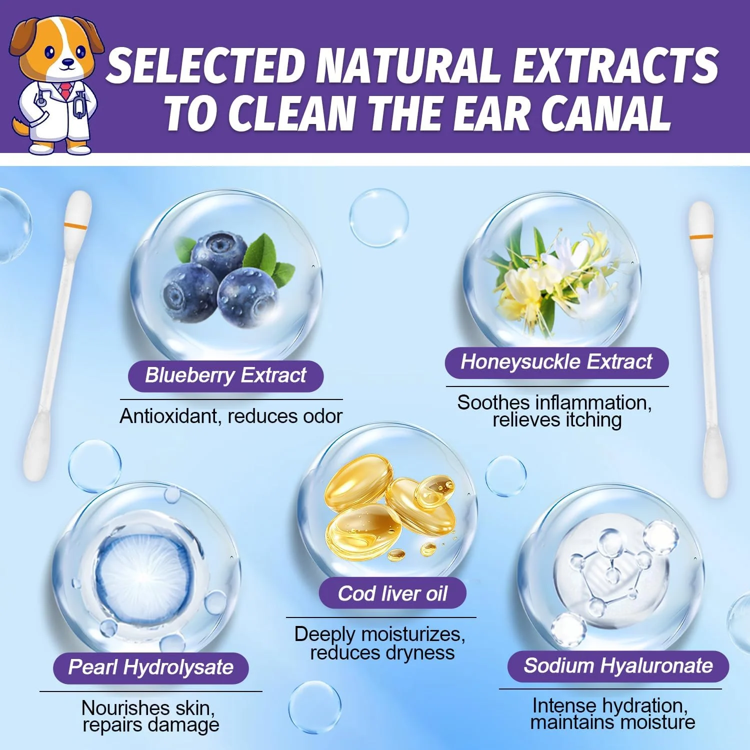 گوش پاک کن دو منظوره حیوانات خانگی - پاک کننده طبیعی و ملایم گوش برای سگ ها و گربه ها - از بین برنده جرم، کثیفی و بو - بسته بندی جداگانه برای استفاده آسان - 50 عدد