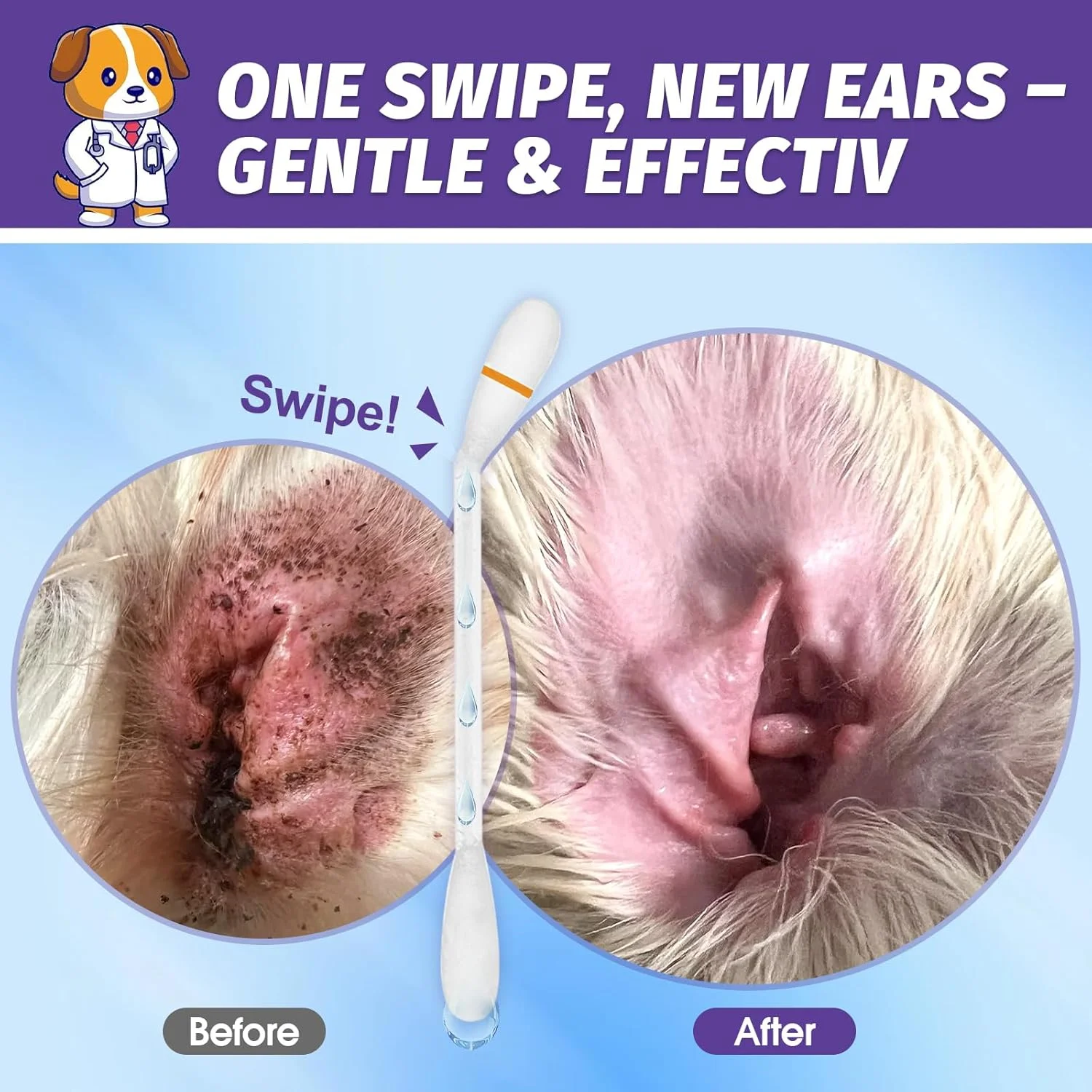 گوش پاک کن دو منظوره حیوانات خانگی - پاک کننده طبیعی و ملایم گوش برای سگ ها و گربه ها - از بین برنده جرم، کثیفی و بو - بسته بندی جداگانه برای استفاده آسان - 50 عدد