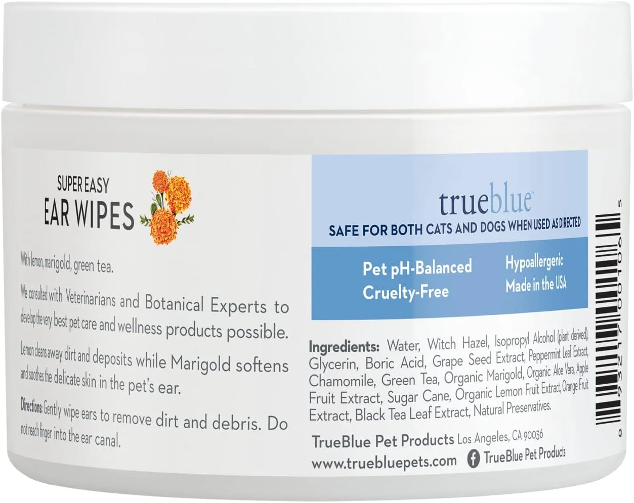 دستمال مرطوب تمیز کننده گوش سگ با رایحه لیمو و گل جعفری TrueBlue - پدهای از پیش مرطوب شده برای تمیز کردن گوش توله سگ - غیر سمی و کاملا طبیعی - 50 عدد