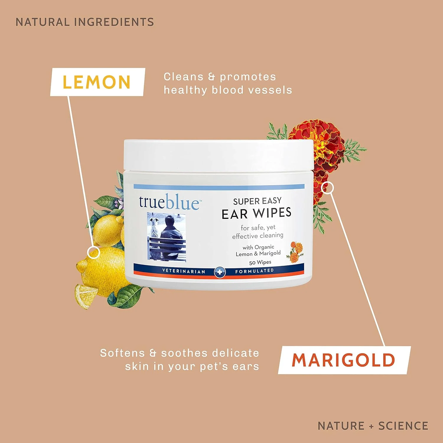 دستمال مرطوب تمیز کننده گوش سگ با رایحه لیمو و گل جعفری TrueBlue - پدهای از پیش مرطوب شده برای تمیز کردن گوش توله سگ - غیر سمی و کاملا طبیعی - 50 عدد