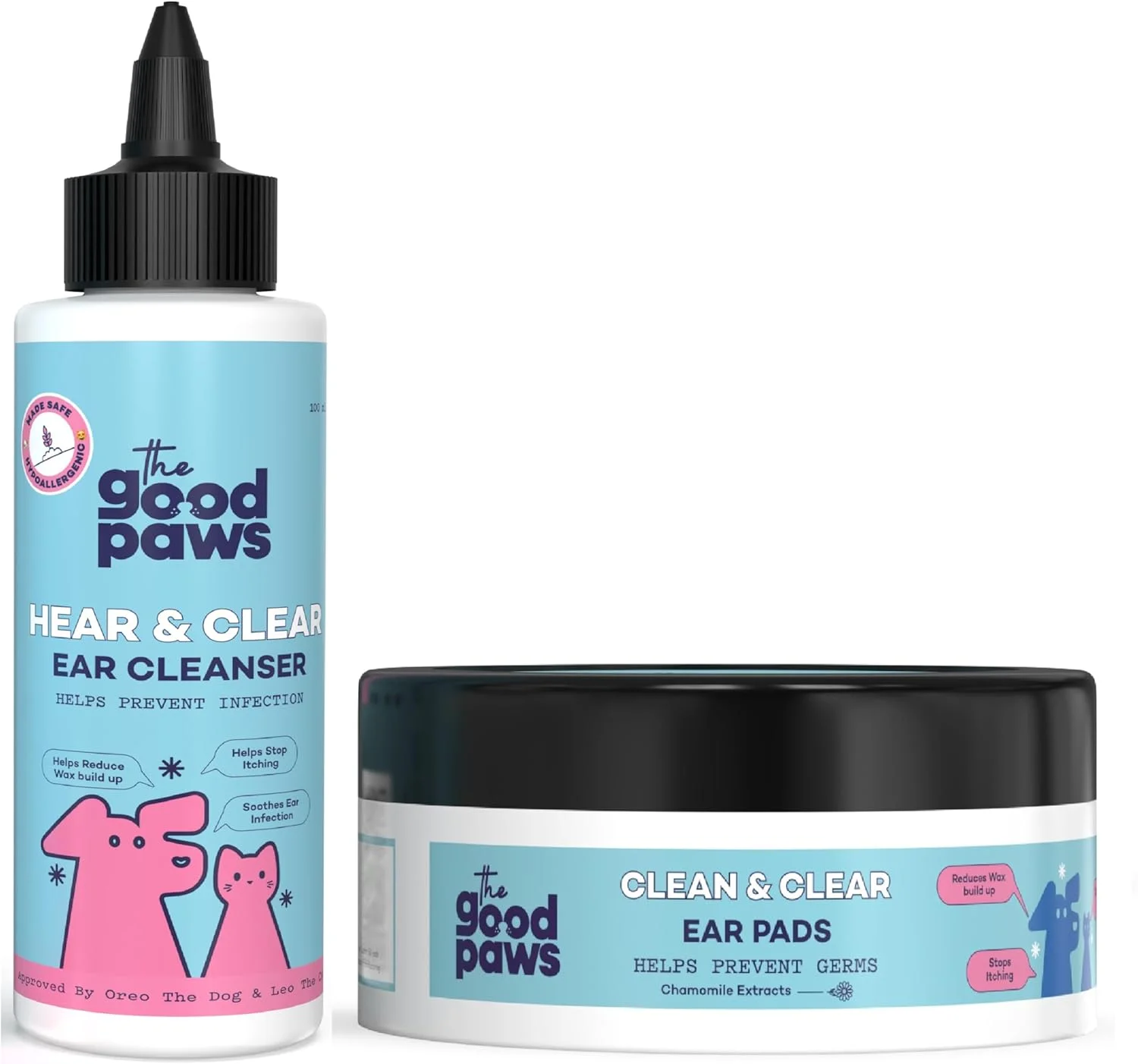 مجموعه مراقبت از گوش سگ و گربه | پدهای تمیز کننده گوش (50 عدد) + محلول پاک کننده گوش (100 میلی لیتر) | جلوگیری از عفونت، کاهش خارش و جرم گوش | بابونه، چریش و سالیسیلیک اسید